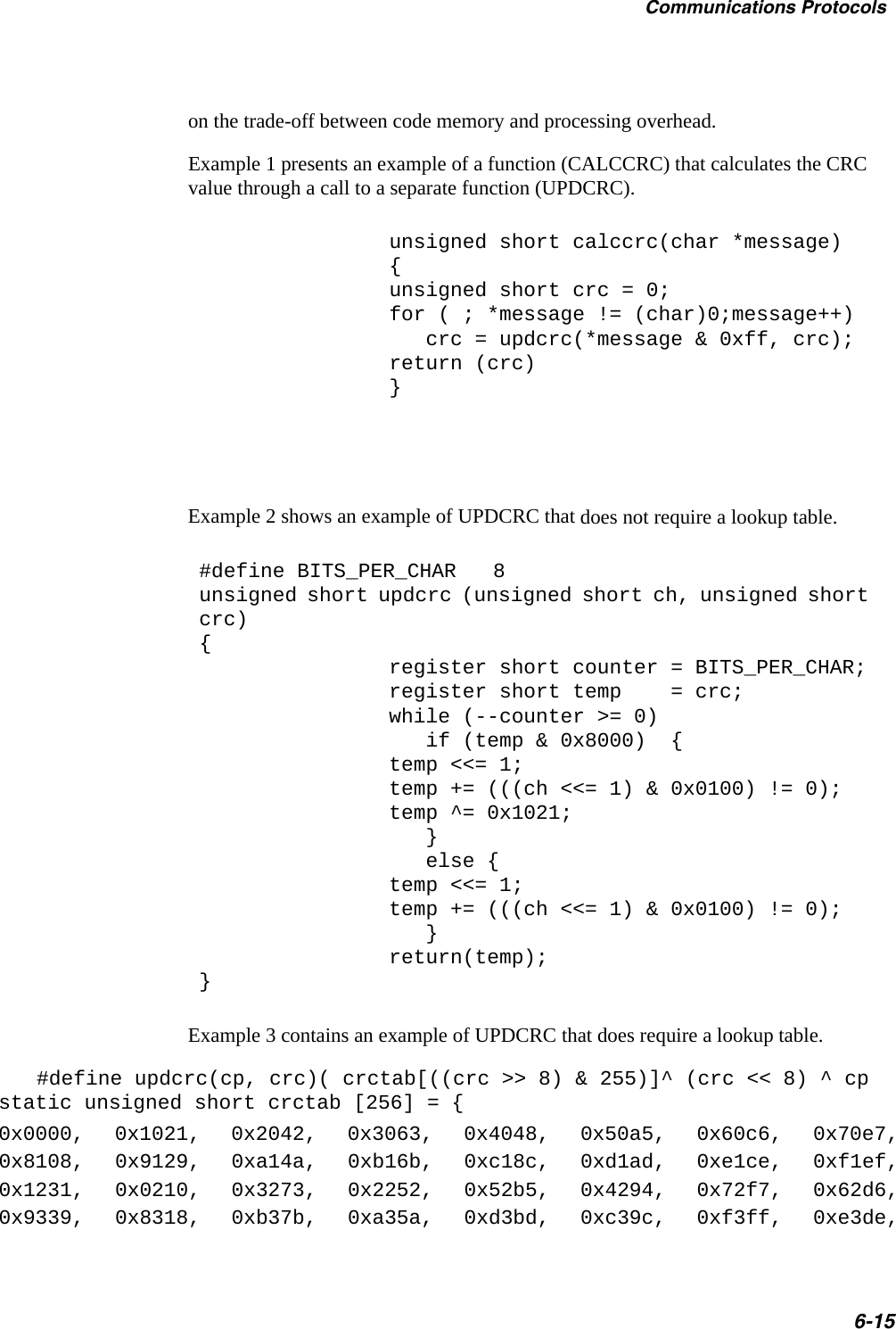 Communications Protocols6-15on the trade-off between code memory and processing overhead.Example 1 presents an example of a function (CALCCRC) that calculates the CRC value through a call to a separate function (UPDCRC).unsigned short calccrc(char *message){unsigned short crc = 0;for ( ; *message != (char)0;message++)   crc = updcrc(*message &amp; 0xff, crc);return (crc)}Example 2 shows an example of UPDCRC that does not require a lookup table.#define BITS_PER_CHAR   8unsigned short updcrc (unsigned short ch, unsigned short crc){register short counter = BITS_PER_CHAR;register short temp    = crc;while (--counter &gt;= 0)   if (temp &amp; 0x8000)  {temp &lt;&lt;= 1;temp += (((ch &lt;&lt;= 1) &amp; 0x0100) != 0);temp ^= 0x1021;   }   else {temp &lt;&lt;= 1;temp += (((ch &lt;&lt;= 1) &amp; 0x0100) != 0);   }return(temp);}Example 3 contains an example of UPDCRC that does require a lookup table. #define updcrc(cp, crc)( crctab[((crc &gt;&gt; 8) &amp; 255)]^ (crc &lt;&lt; 8) ^ cpstatic unsigned short crctab [256] = {0x0000, 0x1021, 0x2042, 0x3063, 0x4048, 0x50a5, 0x60c6, 0x70e7,0x8108, 0x9129, 0xa14a, 0xb16b, 0xc18c, 0xd1ad, 0xe1ce, 0xf1ef,0x1231, 0x0210, 0x3273, 0x2252, 0x52b5, 0x4294, 0x72f7, 0x62d6,0x9339, 0x8318, 0xb37b, 0xa35a, 0xd3bd, 0xc39c, 0xf3ff, 0xe3de,