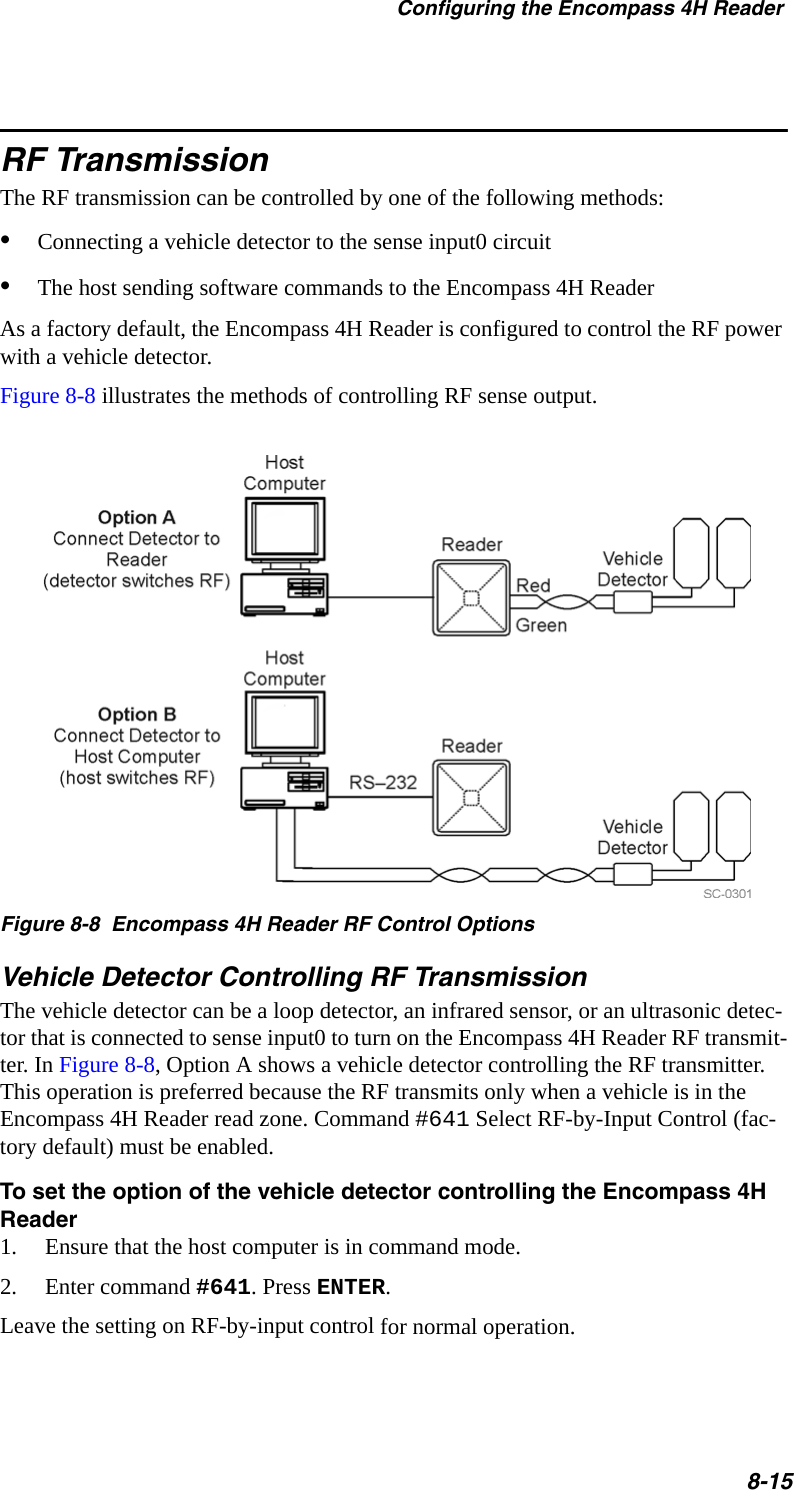 Configuring the Encompass 4H Reader8-15RF TransmissionThe RF transmission can be controlled by one of the following methods:•Connecting a vehicle detector to the sense input0 circuit•The host sending software commands to the Encompass 4H Reader As a factory default, the Encompass 4H Reader is configured to control the RF power with a vehicle detector. Figure 8-8 illustrates the methods of controlling RF sense output.Figure 8-8  Encompass 4H Reader RF Control OptionsVehicle Detector Controlling RF TransmissionThe vehicle detector can be a loop detector, an infrared sensor, or an ultrasonic detec-tor that is connected to sense input0 to turn on the Encompass 4H Reader RF transmit-ter. In Figure 8-8, Option A shows a vehicle detector controlling the RF transmitter. This operation is preferred because the RF transmits only when a vehicle is in the Encompass 4H Reader read zone. Command #641 Select RF-by-Input Control (fac-tory default) must be enabled.To set the option of the vehicle detector controlling the Encompass 4H Reader 1. Ensure that the host computer is in command mode.2. Enter command #641. Press ENTER.Leave the setting on RF-by-input control for normal operation. 