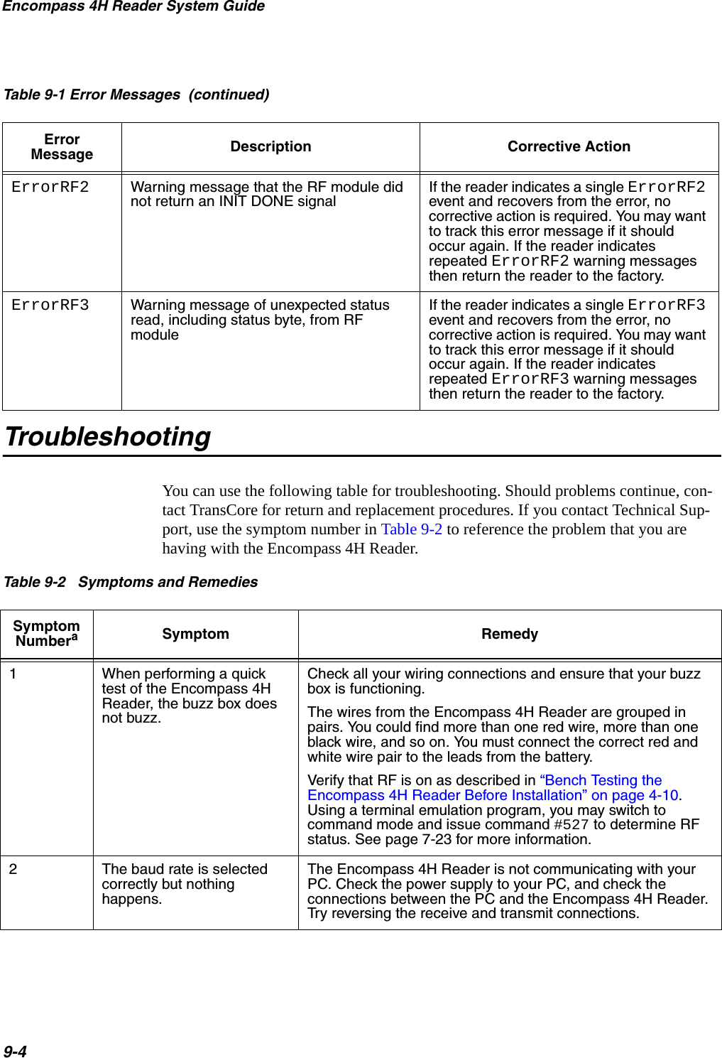 Encompass 4H Reader System Guide9-4TroubleshootingYou can use the following table for troubleshooting. Should problems continue, con-tact TransCore for return and replacement procedures. If you contact Technical Sup-port, use the symptom number in Table 9-2 to reference the problem that you are having with the Encompass 4H Reader. ErrorRF2 Warning message that the RF module did not return an INIT DONE signalIf the reader indicates a single ErrorRF2 event and recovers from the error, no corrective action is required. You may want to track this error message if it should occur again. If the reader indicates repeated ErrorRF2 warning messages then return the reader to the factory.ErrorRF3 Warning message of unexpected status read, including status byte, from RF moduleIf the reader indicates a single ErrorRF3 event and recovers from the error, no corrective action is required. You may want to track this error message if it should occur again. If the reader indicates repeated ErrorRF3 warning messages then return the reader to the factory.Table 9-1 Error Messages  (continued)Error Message Description Corrective ActionTable 9-2   Symptoms and Remedies Symptom NumberaSymptom Remedy1When performing a quick test of the Encompass 4H Reader, the buzz box does not buzz.Check all your wiring connections and ensure that your buzz box is functioning. The wires from the Encompass 4H Reader are grouped in pairs. You could find more than one red wire, more than one black wire, and so on. You must connect the correct red and white wire pair to the leads from the battery. Verify that RF is on as described in “Bench Testing the Encompass 4H Reader Before Installation” on page 4-10. Using a terminal emulation program, you may switch to command mode and issue command #527 to determine RF status. See page 7-23 for more information.2The baud rate is selected correctly but nothing happens.The Encompass 4H Reader is not communicating with your PC. Check the power supply to your PC, and check the connections between the PC and the Encompass 4H Reader. Try reversing the receive and transmit connections.