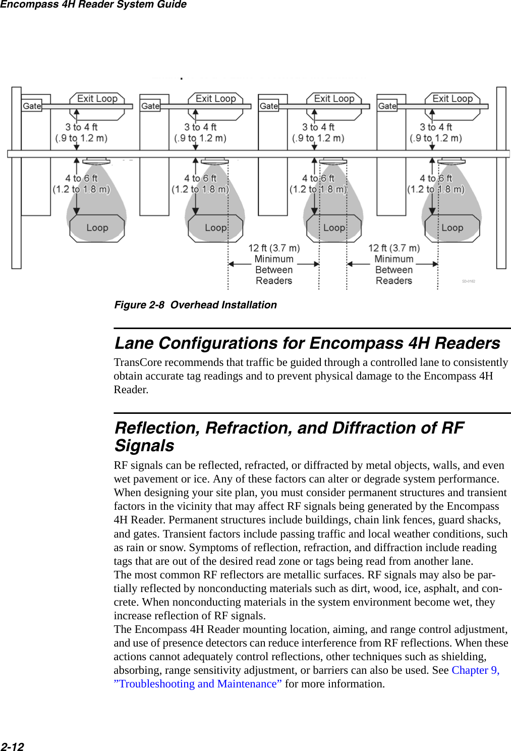 Encompass 4H Reader System Guide2-12 Figure 2-8  Overhead InstallationLane Configurations for Encompass 4H Readers TransCore recommends that traffic be guided through a controlled lane to consistently obtain accurate tag readings and to prevent physical damage to the Encompass 4H Reader.Reflection, Refraction, and Diffraction of RF SignalsRF signals can be reflected, refracted, or diffracted by metal objects, walls, and even wet pavement or ice. Any of these factors can alter or degrade system performance. When designing your site plan, you must consider permanent structures and transient factors in the vicinity that may affect RF signals being generated by the Encompass 4H Reader. Permanent structures include buildings, chain link fences, guard shacks, and gates. Transient factors include passing traffic and local weather conditions, such as rain or snow. Symptoms of reflection, refraction, and diffraction include reading tags that are out of the desired read zone or tags being read from another lane.The most common RF reflectors are metallic surfaces. RF signals may also be par-tially reflected by nonconducting materials such as dirt, wood, ice, asphalt, and con-crete. When nonconducting materials in the system environment become wet, they increase reflection of RF signals.The Encompass 4H Reader mounting location, aiming, and range control adjustment, and use of presence detectors can reduce interference from RF reflections. When these actions cannot adequately control reflections, other techniques such as shielding, absorbing, range sensitivity adjustment, or barriers can also be used. See Chapter 9, ”Troubleshooting and Maintenance” for more information.