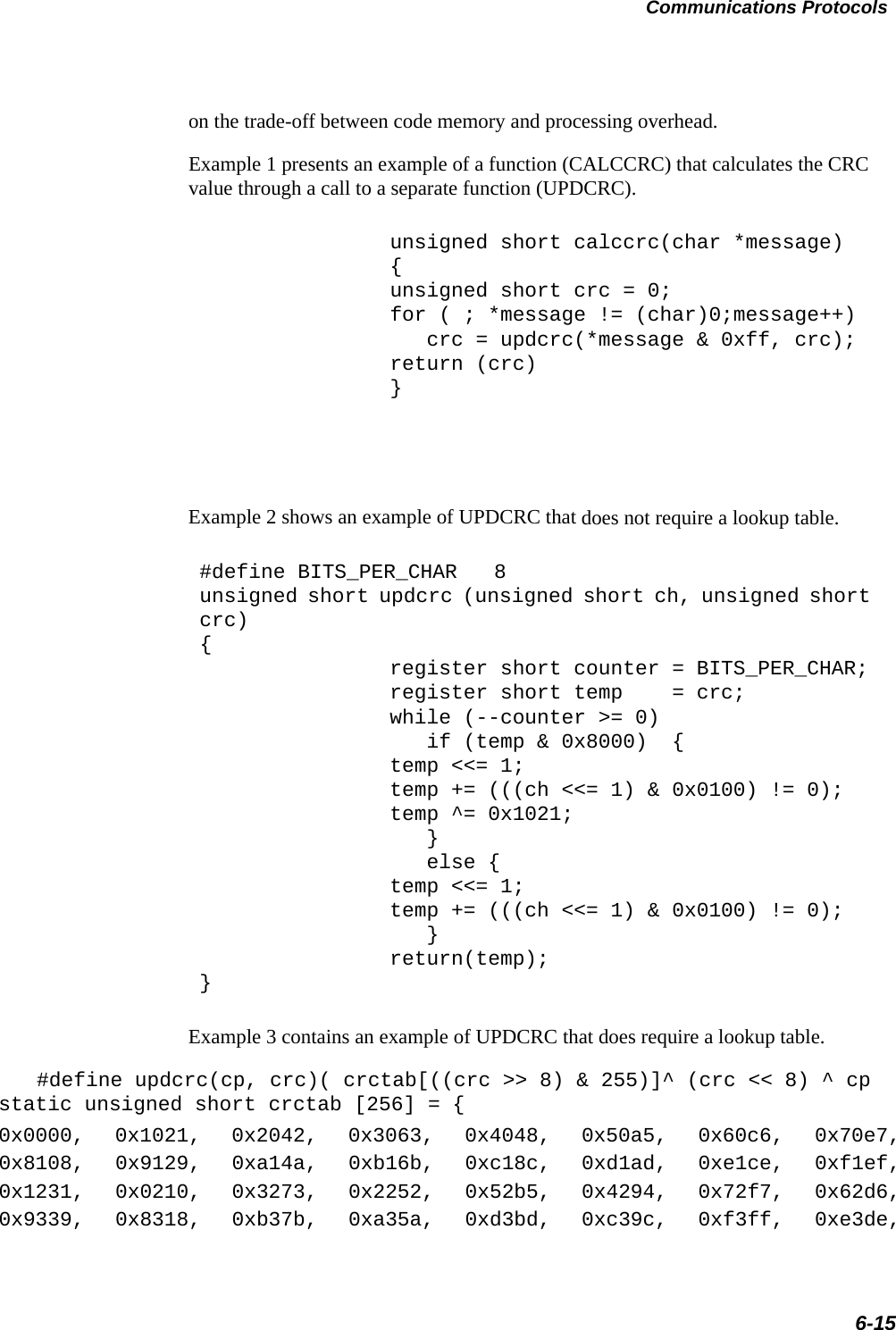 Communications Protocols6-15on the trade-off between code memory and processing overhead.Example 1 presents an example of a function (CALCCRC) that calculates the CRC value through a call to a separate function (UPDCRC).unsigned short calccrc(char *message){unsigned short crc = 0;for ( ; *message != (char)0;message++)   crc = updcrc(*message &amp; 0xff, crc);return (crc)}Example 2 shows an example of UPDCRC that does not require a lookup table.#define BITS_PER_CHAR   8unsigned short updcrc (unsigned short ch, unsigned short crc){register short counter = BITS_PER_CHAR;register short temp    = crc;while (--counter &gt;= 0)   if (temp &amp; 0x8000)  {temp &lt;&lt;= 1;temp += (((ch &lt;&lt;= 1) &amp; 0x0100) != 0);temp ^= 0x1021;   }   else {temp &lt;&lt;= 1;temp += (((ch &lt;&lt;= 1) &amp; 0x0100) != 0);   }return(temp);}Example 3 contains an example of UPDCRC that does require a lookup table. #define updcrc(cp, crc)( crctab[((crc &gt;&gt; 8) &amp; 255)]^ (crc &lt;&lt; 8) ^ cpstatic unsigned short crctab [256] = {0x0000, 0x1021, 0x2042, 0x3063, 0x4048, 0x50a5, 0x60c6, 0x70e7,0x8108, 0x9129, 0xa14a, 0xb16b, 0xc18c, 0xd1ad, 0xe1ce, 0xf1ef,0x1231, 0x0210, 0x3273, 0x2252, 0x52b5, 0x4294, 0x72f7, 0x62d6,0x9339, 0x8318, 0xb37b, 0xa35a, 0xd3bd, 0xc39c, 0xf3ff, 0xe3de,
