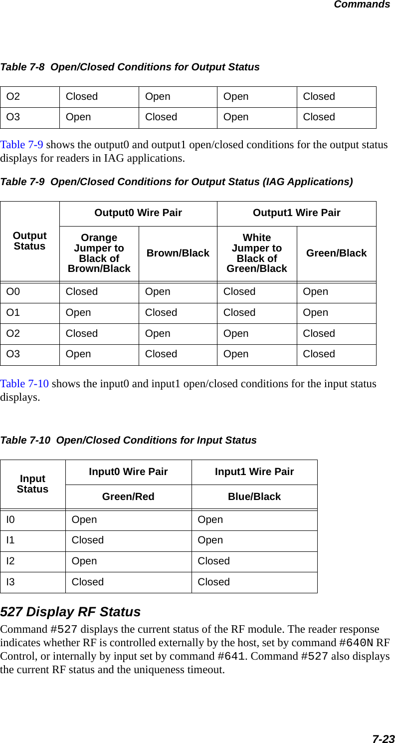 Commands7-23Table 7-9 shows the output0 and output1 open/closed conditions for the output status displays for readers in IAG applications.Table 7-9  Open/Closed Conditions for Output Status (IAG Applications)Output Status Output0 Wire Pair Output1 Wire PairOrange Jumper to Black of Brown/BlackBrown/BlackWhite Jumper to Black of Green/BlackGreen/BlackO0 Closed Open Closed OpenO1 Open Closed Closed OpenO2 Closed Open Open ClosedO3 Open Closed Open Closed Table 7-10 shows the input0 and input1 open/closed conditions for the input status displays.Table 7-10  Open/Closed Conditions for Input Status Input StatusInput0 Wire Pair Input1 Wire PairGreen/Red Blue/BlackI0 Open OpenI1 Closed OpenI2 Open ClosedI3 Closed Closed527 Display RF StatusCommand #527 displays the current status of the RF module. The reader response indicates whether RF is controlled externally by the host, set by command #640N RF Control, or internally by input set by command #641. Command #527 also displays the current RF status and the uniqueness timeout.O2 Closed Open Open ClosedO3 Open Closed Open ClosedTable 7-8  Open/Closed Conditions for Output Status