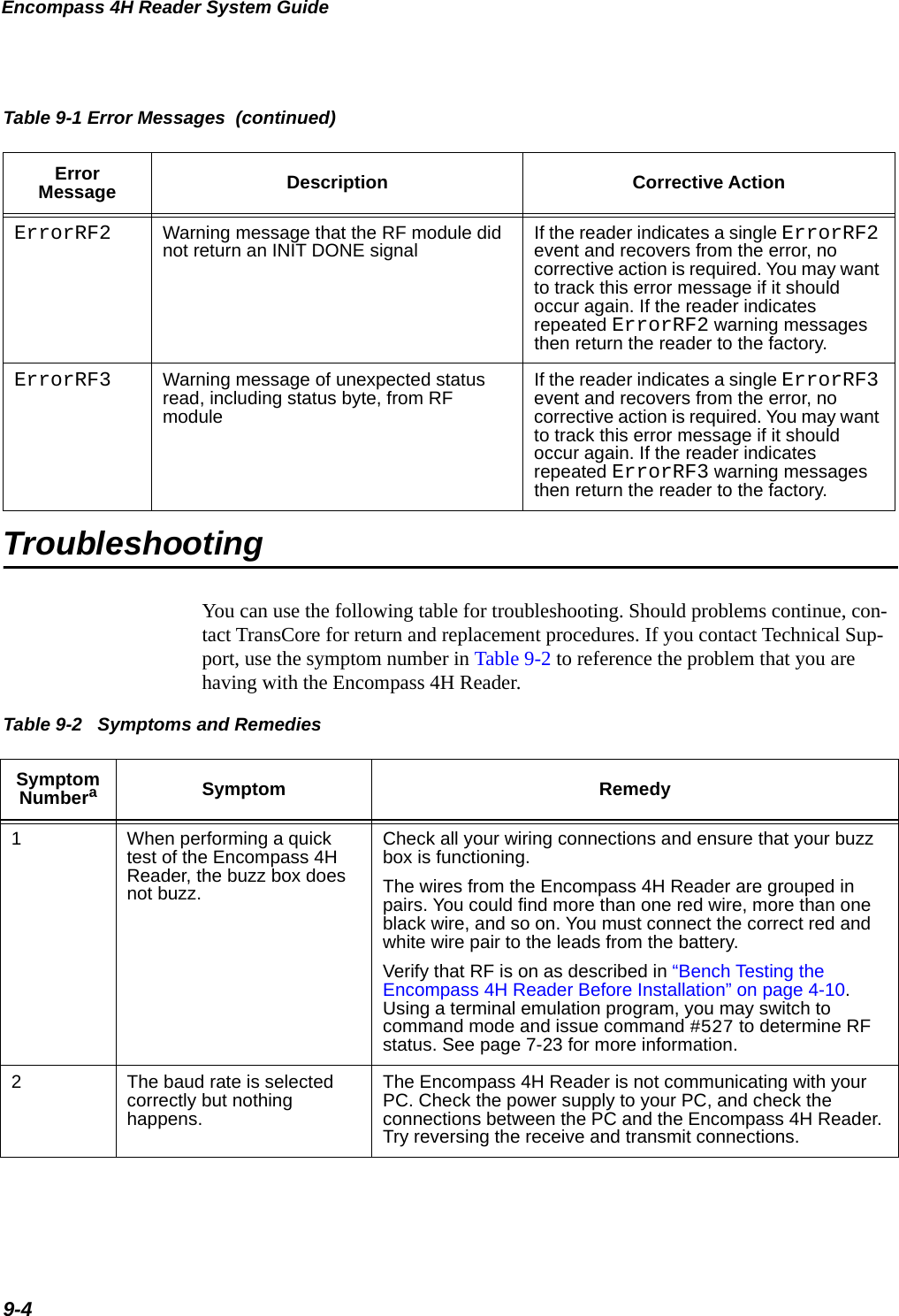 Encompass 4H Reader System Guide9-4TroubleshootingYou can use the following table for troubleshooting. Should problems continue, con-tact TransCore for return and replacement procedures. If you contact Technical Sup-port, use the symptom number in Table 9-2 to reference the problem that you are having with the Encompass 4H Reader. ErrorRF2 Warning message that the RF module did not return an INIT DONE signal If the reader indicates a single ErrorRF2 event and recovers from the error, no corrective action is required. You may want to track this error message if it should occur again. If the reader indicates repeated ErrorRF2 warning messages then return the reader to the factory.ErrorRF3 Warning message of unexpected status read, including status byte, from RF moduleIf the reader indicates a single ErrorRF3 event and recovers from the error, no corrective action is required. You may want to track this error message if it should occur again. If the reader indicates repeated ErrorRF3 warning messages then return the reader to the factory.Table 9-1 Error Messages  (continued)Error Message Description Corrective ActionTable 9-2   Symptoms and Remedies Symptom NumberaSymptom Remedy1When performing a quick test of the Encompass 4H Reader, the buzz box does not buzz.Check all your wiring connections and ensure that your buzz box is functioning. The wires from the Encompass 4H Reader are grouped in pairs. You could find more than one red wire, more than one black wire, and so on. You must connect the correct red and white wire pair to the leads from the battery. Verify that RF is on as described in “Bench Testing the Encompass 4H Reader Before Installation” on page 4-10. Using a terminal emulation program, you may switch to command mode and issue command #527 to determine RF status. See page 7-23 for more information.2The baud rate is selected correctly but nothing happens.The Encompass 4H Reader is not communicating with your PC. Check the power supply to your PC, and check the connections between the PC and the Encompass 4H Reader. Try reversing the receive and transmit connections.