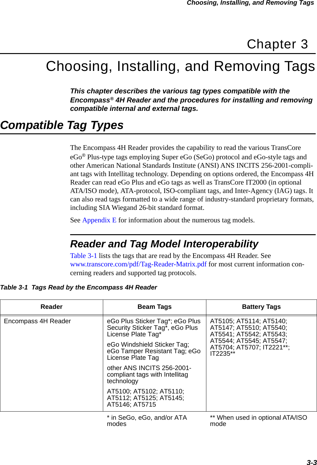 Choosing, Installing, and Removing Tags3-3Chapter 3Choosing, Installing, and Removing TagsThis chapter describes the various tag types compatible with the Encompass® 4H Reader and the procedures for installing and removing compatible internal and external tags. Compatible Tag TypesThe Encompass 4H Reader provides the capability to read the various TransCore eGo® Plus-type tags employing Super eGo (SeGo) protocol and eGo-style tags and other American National Standards Institute (ANSI) ANS INCITS 256-2001-compli-ant tags with Intellitag technology. Depending on options ordered, the Encompass 4H Reader can read eGo Plus and eGo tags as well as TransCore IT2000 (in optional ATA/ISO mode), ATA-protocol, ISO-compliant tags, and Inter-Agency (IAG) tags. It can also read tags formatted to a wide range of industry-standard proprietary formats, including SIA Wiegand 26-bit standard format.See Appendix E for information about the numerous tag models.Reader and Tag Model InteroperabilityTable 3-1 lists the tags that are read by the Encompass 4H Reader. See www.transcore.com/pdf/Tag-Reader-Matrix.pdf for most current information con-cerning readers and supported tag protocols.Table 3-1  Tags Read by the Encompass 4H ReaderReader Beam Tags Battery TagsEncompass 4H Reader eGo Plus Sticker Tag*; eGo Plus Security Sticker Tag*, eGo Plus License Plate Tag*eGo Windshield Sticker Tag; eGo Tamper Resistant Tag; eGo License Plate Tagother ANS INCITS 256-2001-compliant tags with Intellitag technologyAT5100; AT5102; AT5110; AT5112; AT5125; AT5145; AT5146; AT5715AT5105; AT5114; AT5140; AT5147; AT5510; AT5540; AT5541; AT5542; AT5543; AT5544; AT5545; AT5547; AT5704; AT5707; IT2221**; IT2235*** in SeGo, eGo, and/or ATA modes ** When used in optional ATA/ISO mode