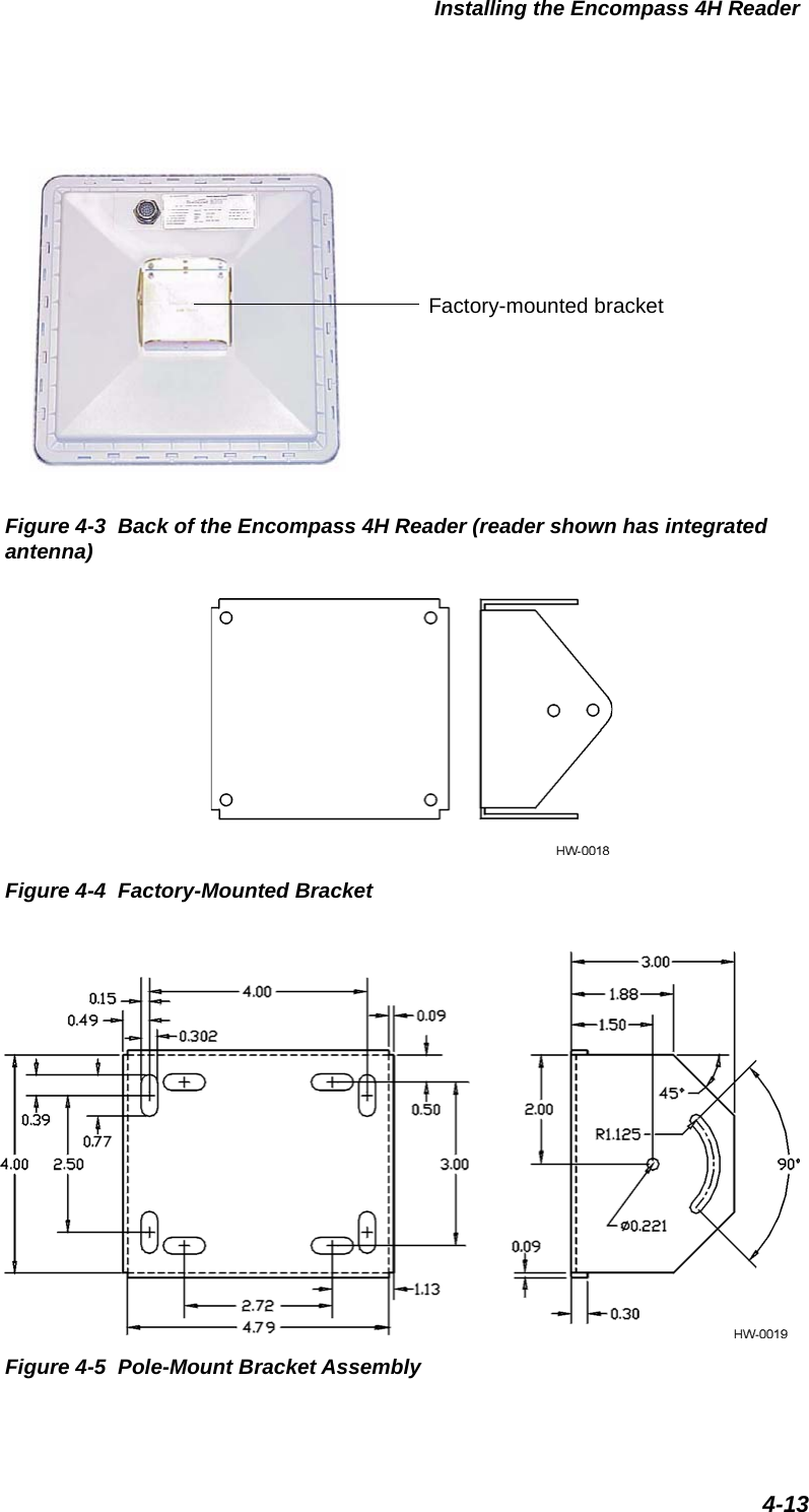 Factory-mounted bracketInstalling the Encompass 4H Reader4-13Figure 4-3  Back of the Encompass 4H Reader (reader shown has integrated antenna)Figure 4-4  Factory-Mounted BracketFigure 4-5  Pole-Mount Bracket Assembly
