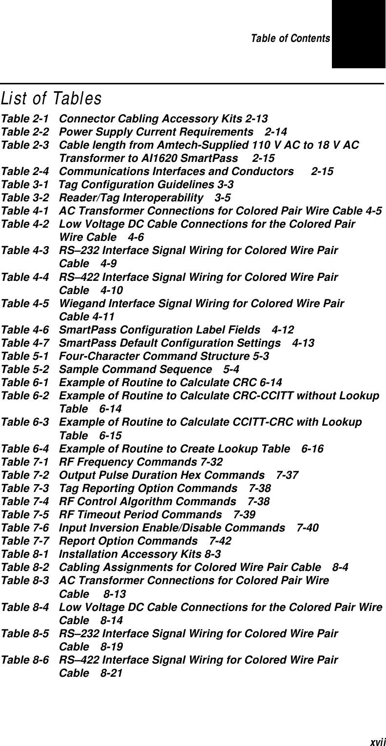 Table of Contents xviiList of TablesTable 2-1 Connector Cabling Accessory Kits 2-13Table 2-2 Power Supply Current Requirements2-14Table 2-3 Cable length from Amtech-Supplied 110 V AC to 18 V ACTransformer to AI1620 SmartPass2-15Table 2-4 Communications Interfaces and Conductors 2-15Table 3-1   Tag Configuration Guidelines 3-3Table 3-2 Reader/Tag Interoperability3-5Table 4-1 AC Transformer Connections for Colored Pair Wire Cable 4-5Table 4-2  Low Voltage DC Cable Connections for the Colored Pair Wire Cable4-6Table 4-3 RS–232 Interface Signal Wiring for Colored Wire Pair Cable4-9Table 4-4 RS–422 Interface Signal Wiring for Colored Wire Pair Cable4-10Table 4-5 Wiegand Interface Signal Wiring for Colored Wire Pair Cable 4-11Table 4-6  SmartPass Configuration Label Fields4-12Table 4-7 SmartPass Default Configuration Settings4-13Table 5-1 Four-Character Command Structure 5-3Table 5-2 Sample Command Sequence5-4Table 6-1   Example of Routine to Calculate CRC 6-14Table 6-2 Example of Routine to Calculate CRC-CCITT without LookupTable6-14Table 6-3 Example of Routine to Calculate CCITT-CRC with LookupTable6-15Table 6-4 Example of Routine to Create Lookup Table6-16Table 7-1  RF Frequency Commands 7-32Table 7-2 Output Pulse Duration Hex Commands7-37Table 7-3 Tag Reporting Option Commands7-38Table 7-4 RF Control Algorithm Commands7-38Table 7-5  RF Timeout Period Commands7-39Table 7-6 Input Inversion Enable/Disable Commands7-40Table 7-7  Report Option Commands7-42Table 8-1 Installation Accessory Kits 8-3Table 8-2 Cabling Assignments for Colored Wire Pair Cable8-4Table 8-3 AC Transformer Connections for Colored Pair Wire Cable8-13Table 8-4 Low Voltage DC Cable Connections for the Colored Pair WireCable8-14Table 8-5 RS–232 Interface Signal Wiring for Colored Wire Pair Cable8-19Table 8-6 RS–422 Interface Signal Wiring for Colored Wire Pair Cable8-21