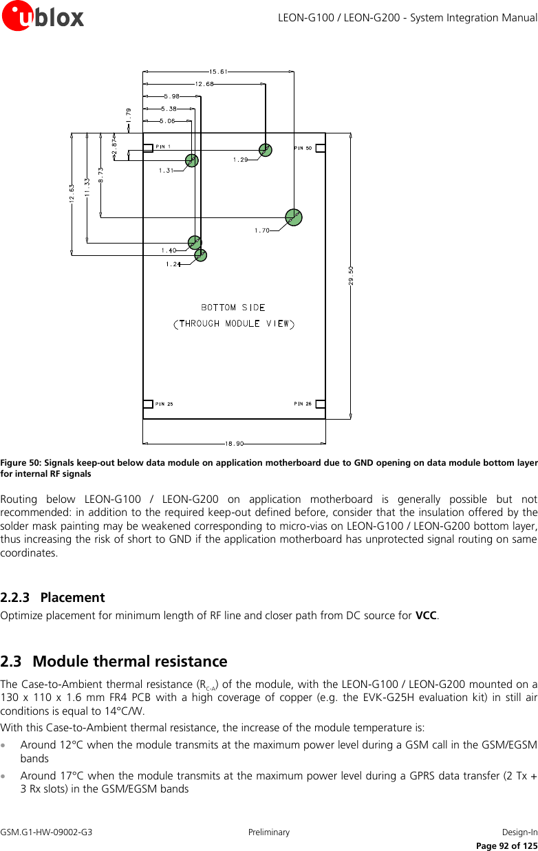     LEON-G100 / LEON-G200 - System Integration Manual GSM.G1-HW-09002-G3  Preliminary  Design-In      Page 92 of 125  Figure 50: Signals keep-out below data module on application motherboard due to GND opening on data module bottom layer for internal RF signals Routing  below  LEON-G100  /  LEON-G200  on  application  motherboard  is  generally  possible  but  not recommended: in addition to the required keep-out defined before, consider that the insulation offered by the solder mask painting may be weakened corresponding to micro-vias on LEON-G100 / LEON-G200 bottom layer, thus increasing the risk of short to GND if the application motherboard has unprotected signal routing on same coordinates.  2.2.3 Placement Optimize placement for minimum length of RF line and closer path from DC source for VCC.  2.3 Module thermal resistance The Case-to-Ambient thermal resistance (RC-A) of the module, with the LEON-G100 / LEON-G200 mounted on a 130  x  110  x  1.6 mm  FR4  PCB  with  a  high  coverage  of  copper  (e.g.  the EVK-G25H  evaluation  kit)  in  still air conditions is equal to 14°C/W. With this Case-to-Ambient thermal resistance, the increase of the module temperature is:  Around 12°C when the module transmits at the maximum power level during a GSM call in the GSM/EGSM bands  Around 17°C when the module transmits at the maximum power level during a GPRS data transfer (2 Tx + 3 Rx slots) in the GSM/EGSM bands 