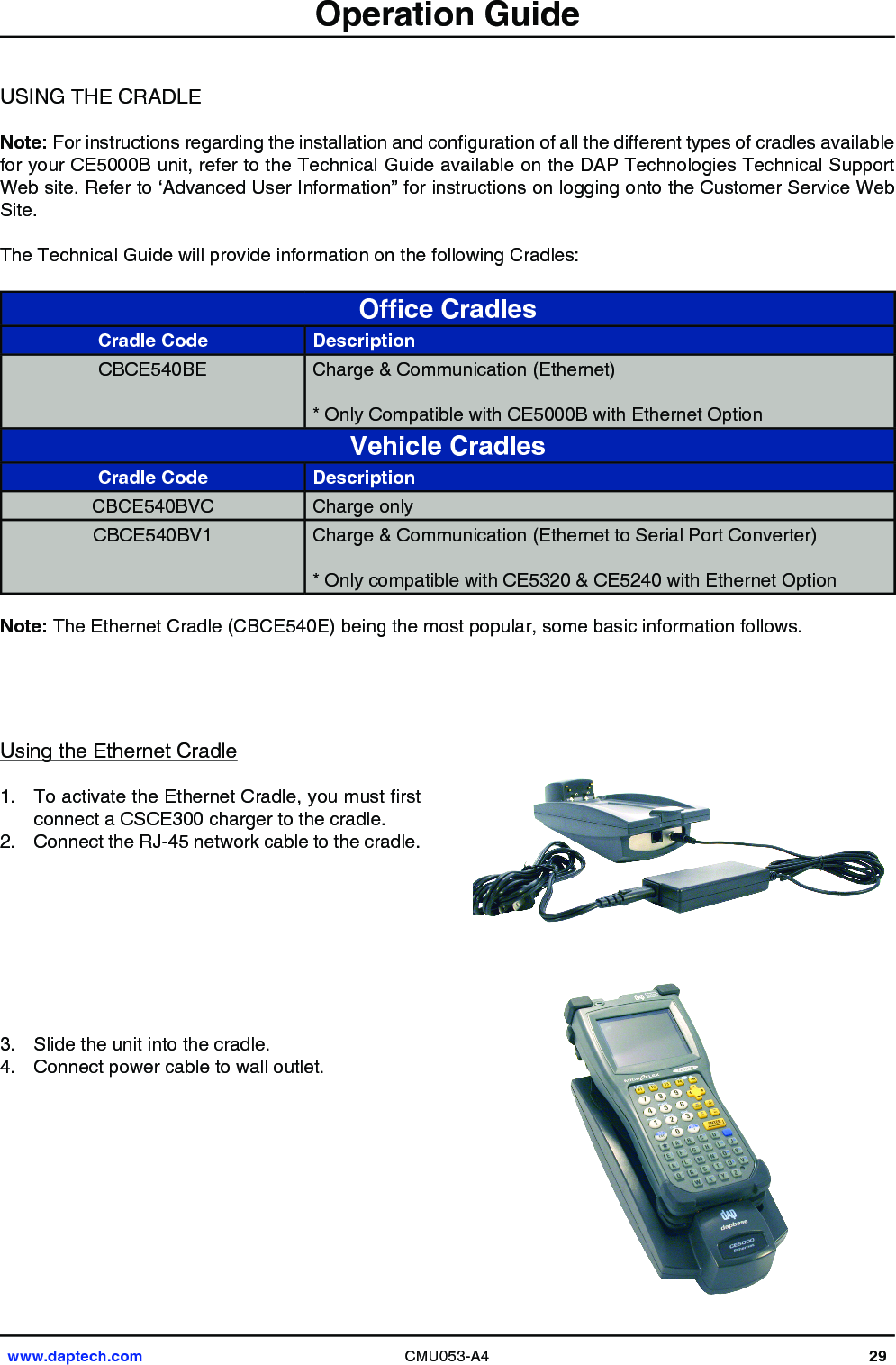 www.daptech.com CMU053-A4 29Note:Site.Ofce CradlesCradle Code Description Vehicle CradlesCradle Code Description  Note: 1.  2.        3. 4. Operation Guide