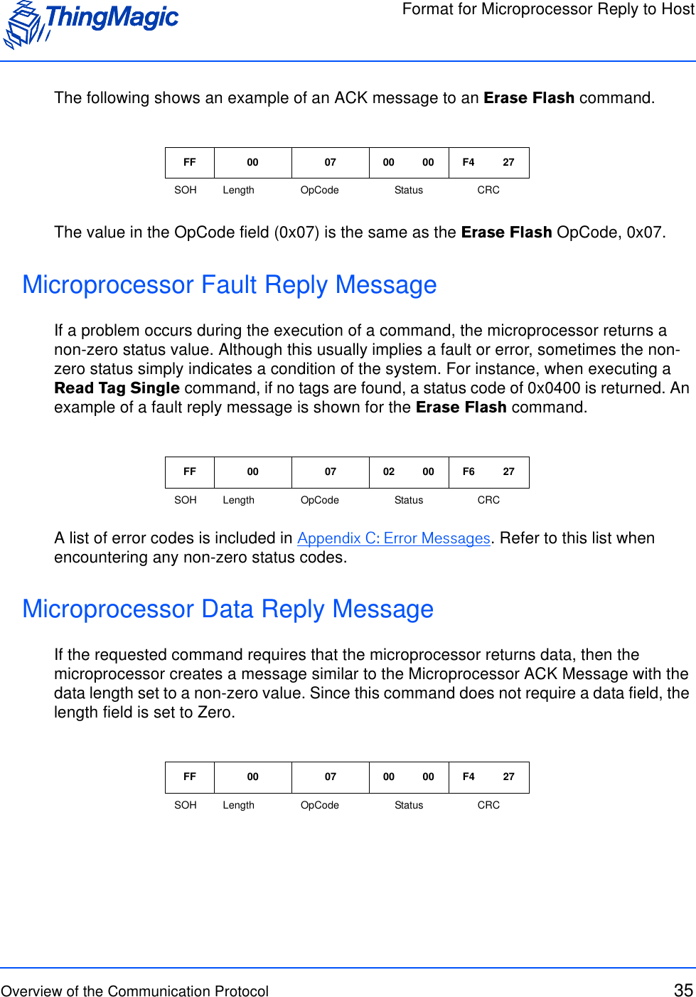 Format for Microprocessor Reply to HostOverview of the Communication Protocol 35The following shows an example of an ACK message to an Erase Flash command.The value in the OpCode field (0x07) is the same as the Erase Flash OpCode, 0x07.Microprocessor Fault Reply MessageIf a problem occurs during the execution of a command, the microprocessor returns a non-zero status value. Although this usually implies a fault or error, sometimes the non-zero status simply indicates a condition of the system. For instance, when executing a Read Tag Single command, if no tags are found, a status code of 0x0400 is returned. An example of a fault reply message is shown for the Erase Flash command.A list of error codes is included in Appendix C: Error Messages. Refer to this list when encountering any non-zero status codes.Microprocessor Data Reply MessageIf the requested command requires that the microprocessor returns data, then the microprocessor creates a message similar to the Microprocessor ACK Message with the data length set to a non-zero value. Since this command does not require a data field, the length field is set to Zero.FF 00 07 00 00 F4 27SOH Length OpCode Status CRCFF 00 07 02 00 F6 27SOH Length OpCode Status CRCFF 00 07 00 00 F4 27SOH Length OpCode Status CRC
