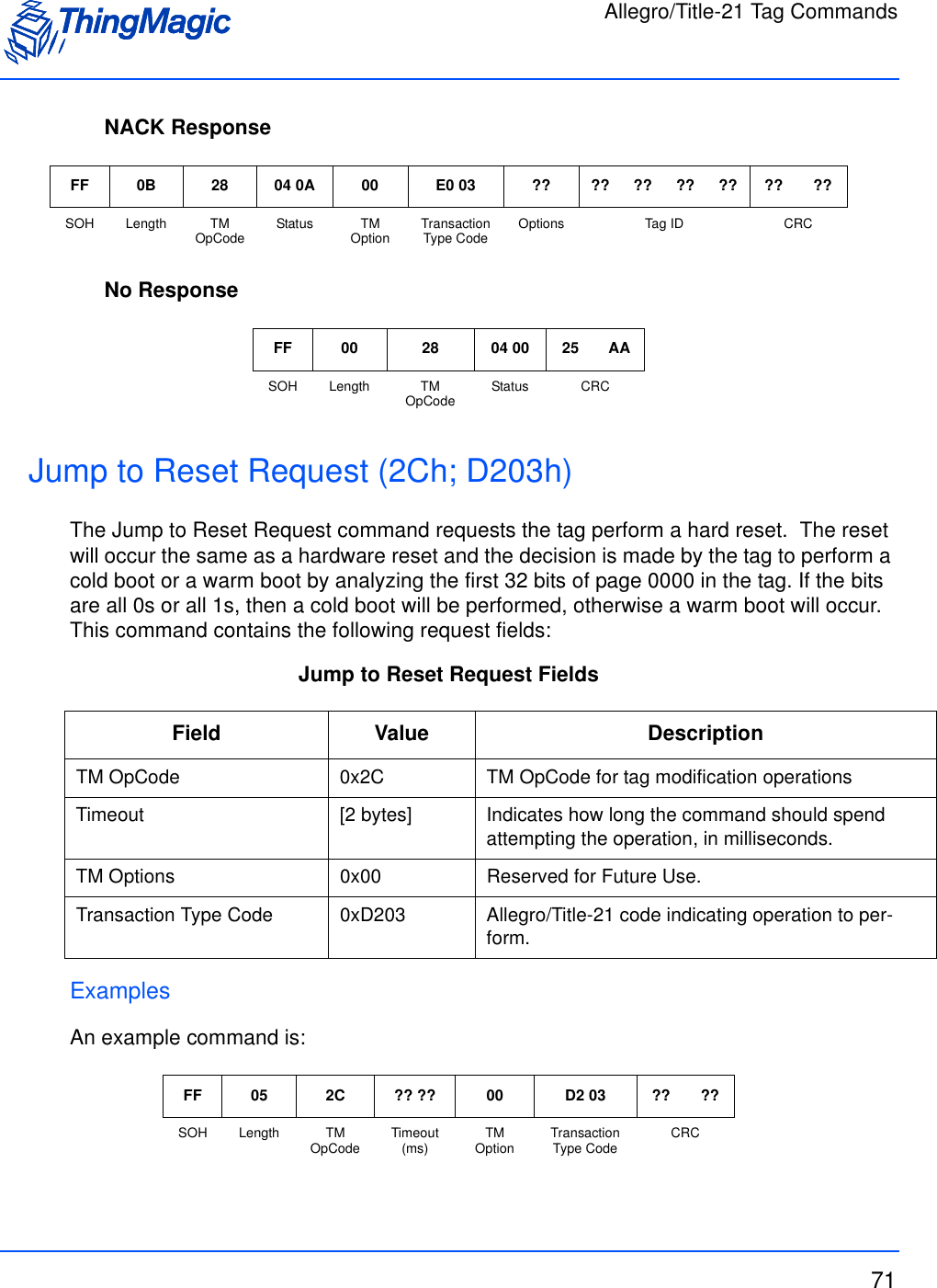 Allegro/Title-21 Tag Commands71NACK ResponseNo ResponseJump to Reset Request (2Ch; D203h)The Jump to Reset Request command requests the tag perform a hard reset.  The reset will occur the same as a hardware reset and the decision is made by the tag to perform a cold boot or a warm boot by analyzing the first 32 bits of page 0000 in the tag. If the bits are all 0s or all 1s, then a cold boot will be performed, otherwise a warm boot will occur. This command contains the following request fields:Jump to Reset Request FieldsExamplesAn example command is:FF 0B 28 04 0A 00 E0 03 ?? ?? ?? ?? ?? ?? ??SOH Length TM OpCode Status TM Option Transaction Type Code Options Tag ID CRCFF 00 28 04 00 25 AASOH Length TM OpCode Status CRCField Value DescriptionTM OpCode 0x2C TM OpCode for tag modification operationsTimeout [2 bytes] Indicates how long the command should spend attempting the operation, in milliseconds.TM Options 0x00 Reserved for Future Use. Transaction Type Code 0xD203 Allegro/Title-21 code indicating operation to per-form.FF 05 2C ?? ?? 00 D2 03 ?? ??SOH Length TM OpCode Timeout (ms) TM Option Transaction Type Code CRC