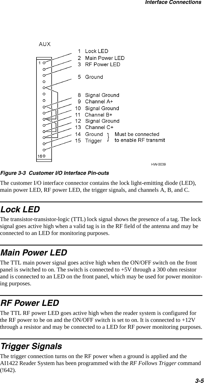 Interface Connections3-5Figure 3-3  Customer I/O Interface Pin-outsThe customer I/O interface connector contains the lock light-emitting diode (LED), main power LED, RF power LED, the trigger signals, and channels A, B, and C.Lock LEDThe transistor-transistor-logic (TTL) lock signal shows the presence of a tag. The lock signal goes active high when a valid tag is in the RF field of the antenna and may be connected to an LED for monitoring purposes.Main Power LEDThe TTL main power signal goes active high when the ON/OFF switch on the front panel is switched to on. The switch is connected to +5V through a 300 ohm resistor and is connected to an LED on the front panel, which may be used for power monitor-ing purposes.RF Power LEDThe TTL RF power LED goes active high when the reader system is configured for the RF power to be on and the ON/OFF switch is set to on. It is connected to +12V through a resistor and may be connected to a LED for RF power monitoring purposes.Trigger SignalsThe trigger connection turns on the RF power when a ground is applied and the AI1422 Reader System has been programmed with the RF Follows Trigger command (!642).