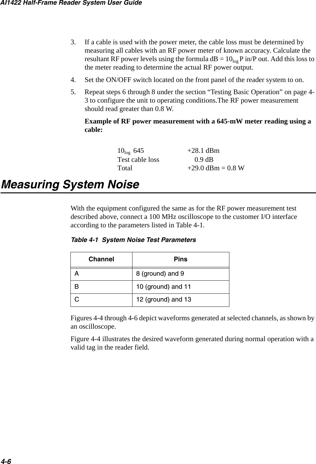 AI1422 Half-Frame Reader System User Guide4-63. If a cable is used with the power meter, the cable loss must be determined by measuring all cables with an RF power meter of known accuracy. Calculate the resultant RF power levels using the formula dB = 10log P in/P out. Add this loss to the meter reading to determine the actual RF power output.4. Set the ON/OFF switch located on the front panel of the reader system to on.5. Repeat steps 6 through 8 under the section “Testing Basic Operation” on page 4-3 to configure the unit to operating conditions.The RF power measurement should read greater than 0.8 W.Example of RF power measurement with a 645-mW meter reading using a cable: 10log  645 +28.1 dBm Test cable loss     0.9 dB Total   +29.0 dBm = 0.8 WMeasuring System NoiseWith the equipment configured the same as for the RF power measurement test described above, connect a 100 MHz oscilloscope to the customer I/O interface according to the parameters listed in Table 4-1.Table 4-1  System Noise Test ParametersFigures 4-4 through 4-6 depict waveforms generated at selected channels, as shown by an oscilloscope. Figure 4-4 illustrates the desired waveform generated during normal operation with a valid tag in the reader field.Channel PinsA8 (ground) and 9B10 (ground) and 11C12 (ground) and 13