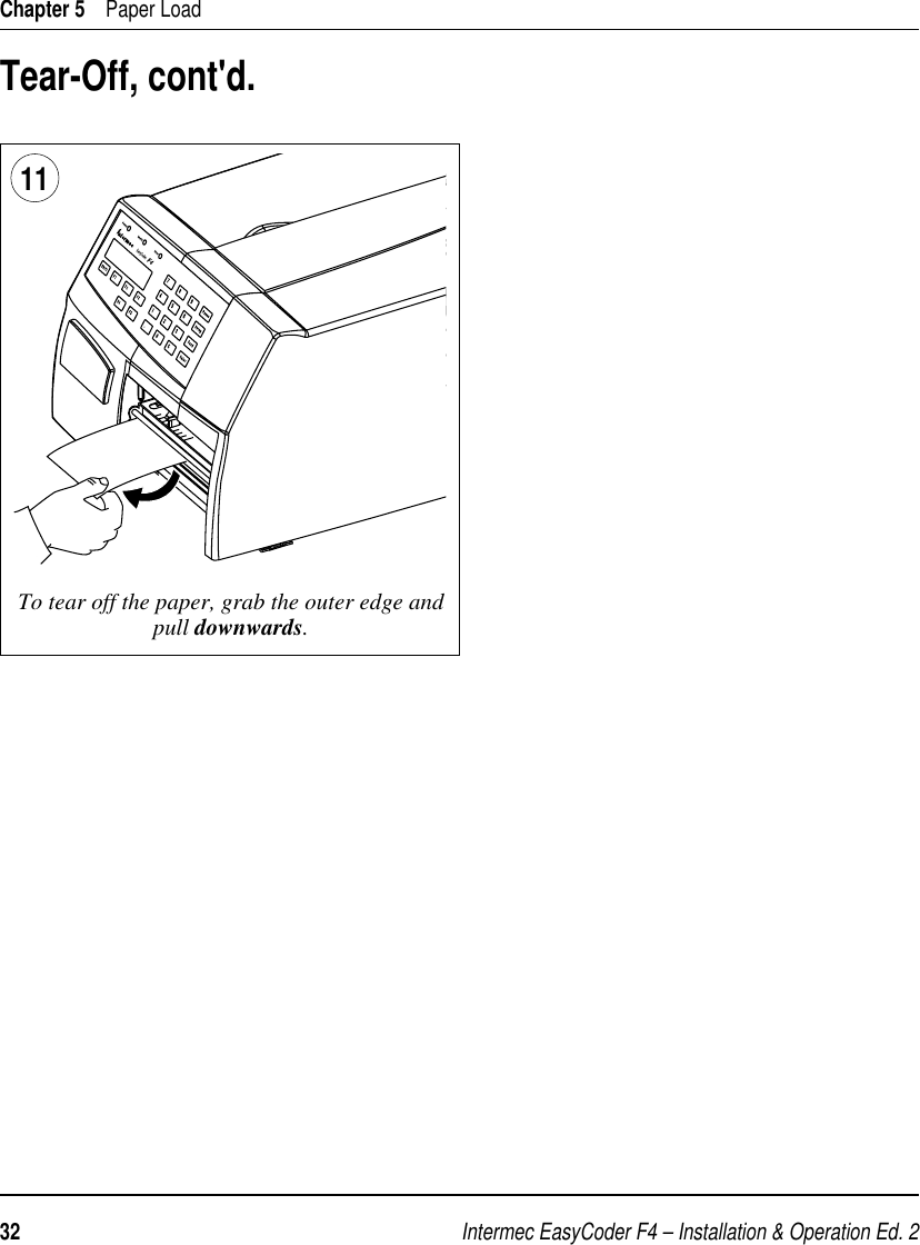 Intermec EasyCoder F4 – Installation &amp; Operation Ed. 232 Chapter 5    Paper LoadTear-Off, cont&apos;d.To tear off the paper, grab the outer edge and pull downwards.11