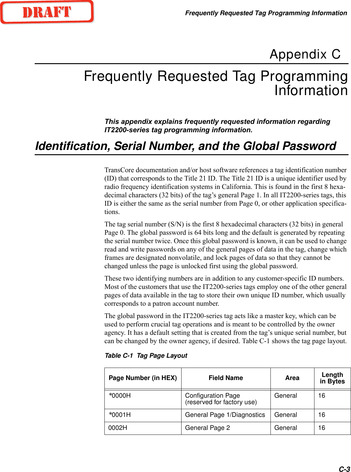 Frequently Requested Tag Programming InformationC-3Appendix CFrequently Requested Tag Programming InformationThis appendix explains frequently requested information regarding IT2200-series tag programming information.Identification, Serial Number, and the Global PasswordTransCore documentation and/or host software references a tag identification number (ID) that corresponds to the Title 21 ID. The Title 21 ID is a unique identifier used by radio frequency identification systems in California. This is found in the first 8 hexa-decimal characters (32 bits) of the tag’s general Page 1. In all IT2200-series tags, this ID is either the same as the serial number from Page 0, or other application specifica-tions.The tag serial number (S/N) is the first 8 hexadecimal characters (32 bits) in general Page 0. The global password is 64 bits long and the default is generated by repeating the serial number twice. Once this global password is known, it can be used to change read and write passwords on any of the general pages of data in the tag, change which frames are designated nonvolatile, and lock pages of data so that they cannot be changed unless the page is unlocked first using the global password.These two identifying numbers are in addition to any customer-specific ID numbers. Most of the customers that use the IT2200-series tags employ one of the other general pages of data available in the tag to store their own unique ID number, which usually corresponds to a patron account number.The global password in the IT2200-series tag acts like a master key, which can be used to perform crucial tag operations and is meant to be controlled by the owner agency. It has a default setting that is created from the tag’s unique serial number, but can be changed by the owner agency, if desired. Table C-1 shows the tag page layout.Table C-1  Tag Page Layout Page Number (in HEX) Field Name Area Length in Bytes*0000H Configuration Page (reserved for factory use) General 16*0001H General Page 1/Diagnostics General 160002H General Page 2 General 16