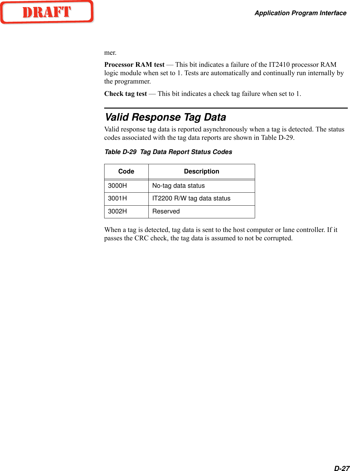 Application Program InterfaceD-27mer.Processor RAM test — This bit indicates a failure of the IT2410 processor RAM logic module when set to 1. Tests are automatically and continually run internally by the programmer.Check tag test — This bit indicates a check tag failure when set to 1.Valid Response Tag DataValid response tag data is reported asynchronously when a tag is detected. The status codes associated with the tag data reports are shown in Table D-29.Table D-29  Tag Data Report Status CodesWhen a tag is detected, tag data is sent to the host computer or lane controller. If it passes the CRC check, the tag data is assumed to not be corrupted.Code Description3000H No-tag data status3001H IT2200 R/W tag data status3002H Reserved
