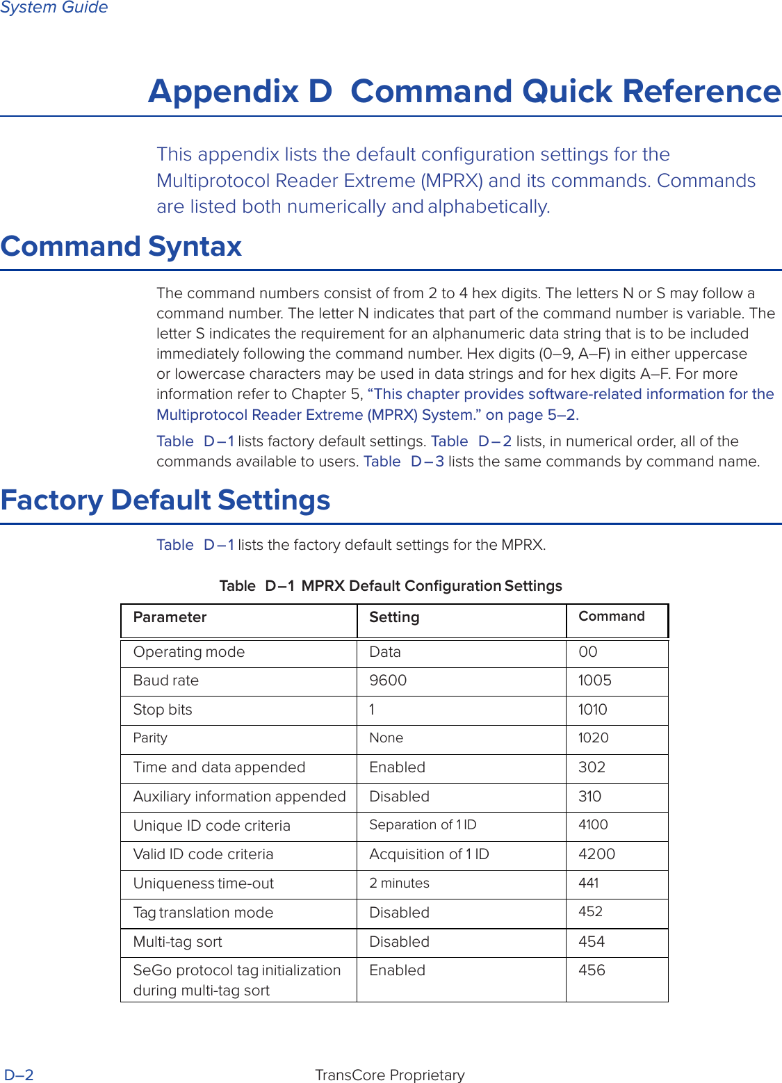 System GuideTransCore Proprietary D–2Appendix D  Command Quick ReferenceThis appendix lists the default conﬁguration settings for the Multiprotocol Reader Extreme (MPRX) and its commands. Commands are listed both numerically and alphabetically.Command SyntaxThe command numbers consist of from 2 to 4 hex digits. The letters N or S may follow a command number. The letter N indicates that part of the command number is variable. The letter S indicates the requirement for an alphanumeric data string that is to be included immediately following the command number. Hex digits (0–9, A–F) in either uppercase or lowercase characters may be used in data strings and for hex digits A–F. For more information refer to Chapter 5, “This chapter provides software-related information for the Multiprotocol Reader Extreme (MPRX) System.” on page 5–2.Table D – 1 lists factory default settings. Table D – 2 lists, in numerical order, all of the commands available to users. Table D – 3 lists the same commands by command name.Factory Default SettingsTable D – 1 lists the factory default settings for the MPRX.Table D – 1 MPRX Default Conﬁguration SettingsParameter Setting CommandOperating mode Data 00Baud rate 9600 1005Stop bits 1 1010Parity None 1020Time and data appended Enabled 302Auxiliary information appended Disabled 310Unique ID code criteria Separation of 1 ID 4100Valid ID code criteria Acquisition of 1 ID 4200Uniqueness time-out 2 minutes 441Tag translation mode Disabled 452Multi-tag sort Disabled 454SeGo protocol tag initialization during multi-tag sortEnabled 456