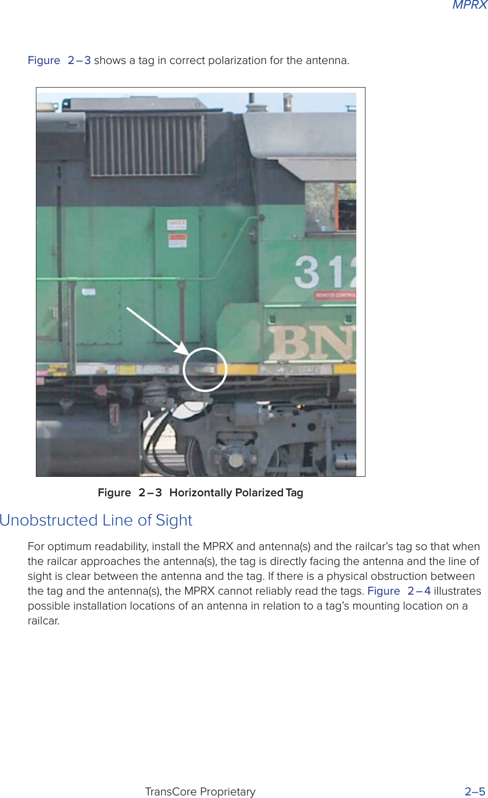MPRXTransCore Proprietary 2–5Figure 2 – 3 shows a tag in correct polarization for the antenna.Figure 2 – 3 Horizontally Polarized TagUnobstructed Line of SightFor optimum readability, install the MPRX and antenna(s) and the railcar’s tag so that when the railcar approaches the antenna(s), the tag is directly facing the antenna and the line of sight is clear between the antenna and the tag. If there is a physical obstruction between the tag and the antenna(s), the MPRX cannot reliably read the tags. Figure 2 – 4 illustrates possible installation locations of an antenna in relation to a tag’s mounting location on a railcar.