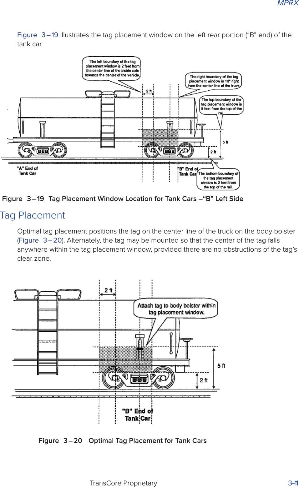 MPRXTransCore Proprietary 3–11Figure 3 – 19 illustrates the tag placement window on the left rear portion (“B” end) of the tank car.Figure 3 – 19 Tag Placement Window Location for Tank Cars –“B” Left SideTag PlacementOptimal tag placement positions the tag on the center line of the truck on the body bolster (Figure 3 – 20). Alternately, the tag may be mounted so that the center of the tag falls anywhere within the tag placement window, provided there are no obstructions of the tag’s clear zone.Figure 3 – 20  Optimal Tag Placement for Tank Cars