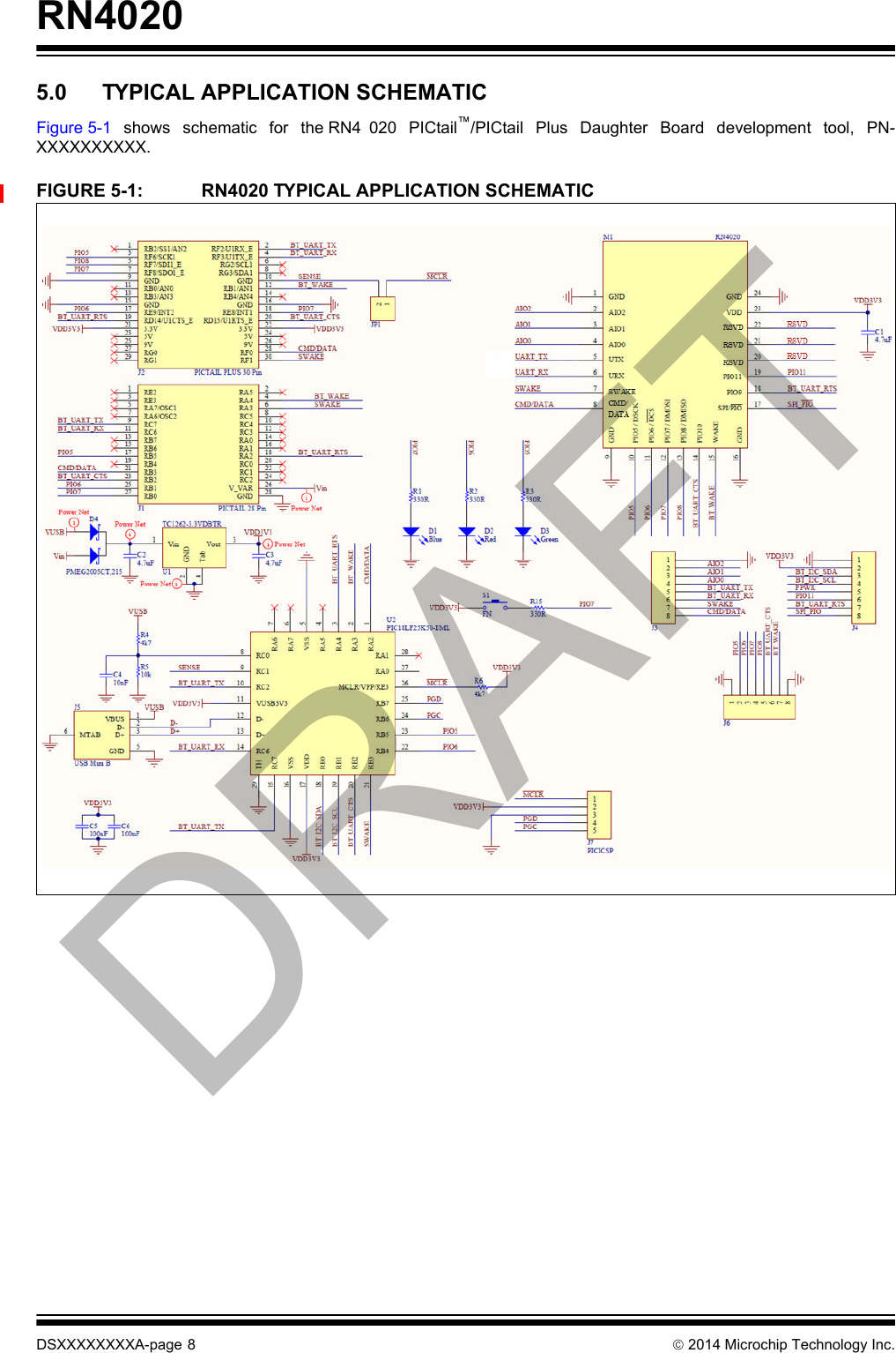 RN4020DSXXXXXXXXA-page 8  2014 Microchip Technology Inc.5.0 TYPICAL APPLICATION SCHEMATICFigure 5-1 shows schematic for the RN4 020 PICtail™/PICtail Plus Daughter Board development tool, PN-XXXXXXXXXX. FIGURE 5-1: RN4020 TYPICAL APPLICATION SCHEMATICDRAFT