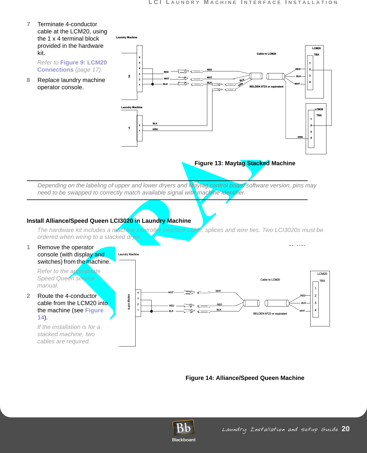 LCI LAUNDRY MACHINE INTERFACE INSTALLATION Laundry Installation and Setup Guide 20LCI LAUNDRY MACHINE INTERFACE INSTALLATION7Terminate 4-conductor cable at the LCM20, using the 1 x 4 terminal block provided in the hardware kit. Refer to Figure 9: LCM20 Connections (page 17). 8Replace laundry machine operator console.Figure 13: Maytag Stacked MachineDepending on the labeling of upper and lower dryers and Maytag control board software version, pins may need to be swapped to correctly match available signal with machine identifier.Install Alliance/Speed Queen LCI3020 in Laundry MachineThe hardware kit includes a machine controller interface cable, splices and wire ties. Two LCI3020s must be ordered when wiring to a stacked dryer. 1Remove the operator console (with display and switches) from the machine. Refer to the appropriate Speed Queen service manual.2Route the 4-conductor cable from the LCM20 into the machine (see Figure 14). If the installation is for a stacked machine, two cables are required.Figure 14: Alliance/Speed Queen MachineBELDEN 8723 or equivalentCable to LCM206543211234LCM20TBXREDBLKWHTREDWHTBLKLaundry MachineREDWHTBLK211234LCM20TBXGRNBLKGRNLaundry MachineBLKGRN12BELDEN 8723 or equivalentLCI 3020Cable to LCM2043211234LCM20TBXREDBLKWHTWHTREDBLKLaundry MachineWHTREDBLK4-pinMolex