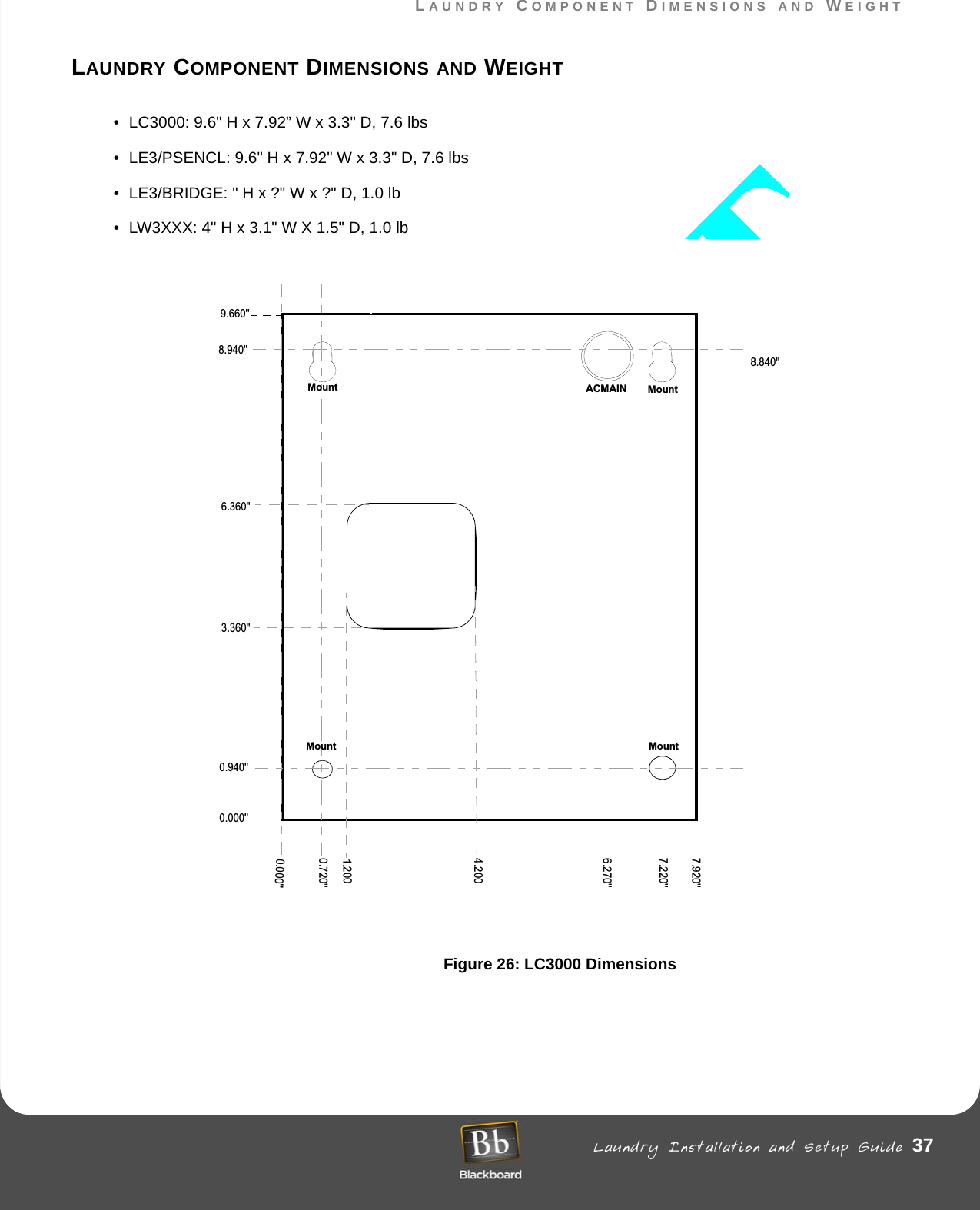 LAUNDRY COMPONENT DIMENSIONS AND WEIGHT Laundry Installation and Setup Guide 37LAUNDRY COMPONENT DIMENSIONS AND WEIGHTLAUNDRY COMPONENT DIMENSIONS AND WEIGHT• LC3000: 9.6&quot; H x 7.92” W x 3.3&quot; D, 7.6 lbs• LE3/PSENCL: 9.6&quot; H x 7.92&quot; W x 3.3&quot; D, 7.6 lbs• LE3/BRIDGE: &quot; H x ?&quot; W x ?&quot; D, 1.0 lb• LW3XXX: 4&quot; H x 3.1&quot; W X 1.5&quot; D, 1.0 lbFigure 26: LC3000 Dimensions7.220&apos;&apos;6.270&apos;&apos;0.720&apos;&apos;8.940&apos;&apos;0.940&apos;&apos;0.000&apos;&apos;8.840&apos;&apos;0.000&apos;&apos;ACMAINMountMountMount Mount9.660&apos;&apos;3.360&apos;&apos;6.360&apos;&apos;1.2004.2007.920&apos;&apos;