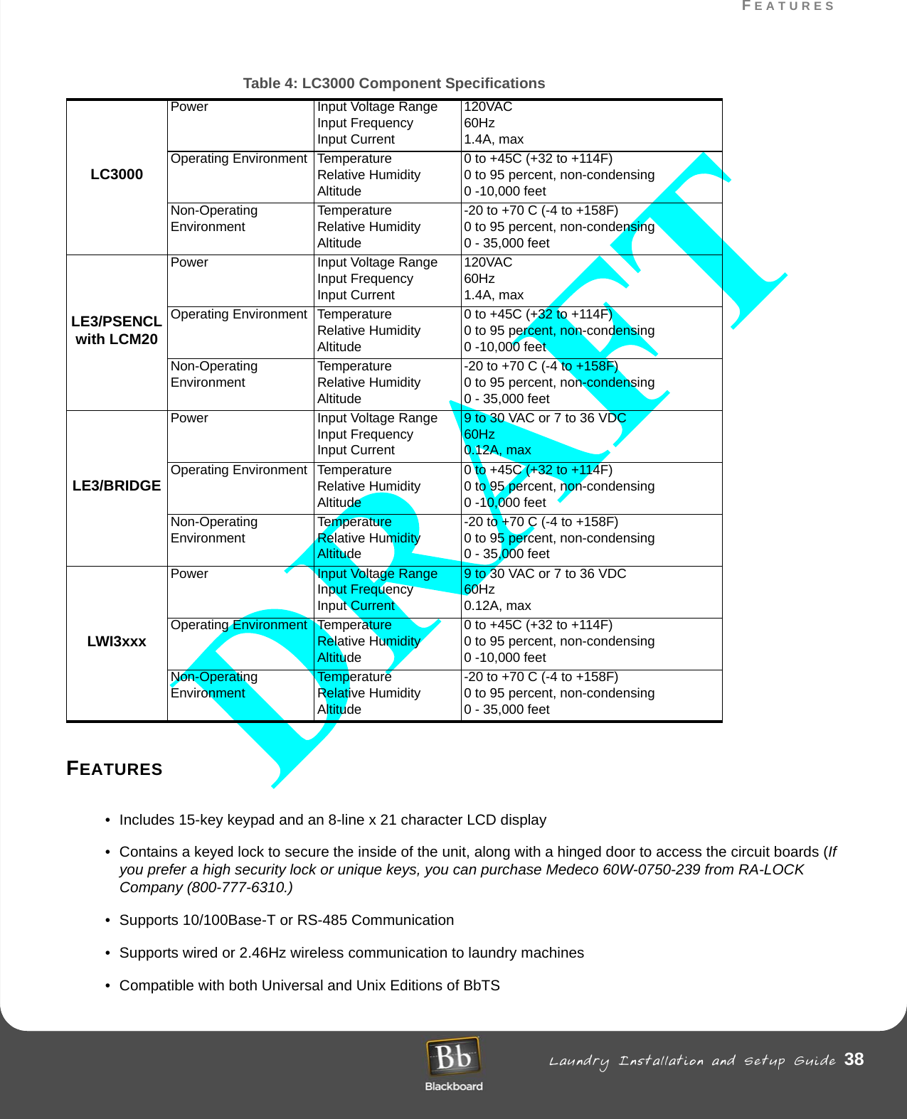 FEATURES Laundry Installation and Setup Guide 38FEATURESFEATURES• Includes 15-key keypad and an 8-line x 21 character LCD display• Contains a keyed lock to secure the inside of the unit, along with a hinged door to access the circuit boards (If you prefer a high security lock or unique keys, you can purchase Medeco 60W-0750-239 from RA-LOCK Company (800-777-6310.)• Supports 10/100Base-T or RS-485 Communication• Supports wired or 2.46Hz wireless communication to laundry machines• Compatible with both Universal and Unix Editions of BbTSTable 4: LC3000 Component SpecificationsLC3000Power Input Voltage Range Input Frequency Input Current120VAC60Hz 1.4A, maxOperating Environment TemperatureRelative HumidityAltitude0 to +45C (+32 to +114F)0 to 95 percent, non-condensing0 -10,000 feetNon-Operating Environment TemperatureRelative HumidityAltitude-20 to +70 C (-4 to +158F)0 to 95 percent, non-condensing0 - 35,000 feetLE3/PSENCLwith LCM20Power Input Voltage Range Input Frequency Input Current120VAC60Hz 1.4A, maxOperating Environment TemperatureRelative HumidityAltitude0 to +45C (+32 to +114F)0 to 95 percent, non-condensing0 -10,000 feetNon-Operating Environment TemperatureRelative HumidityAltitude-20 to +70 C (-4 to +158F)0 to 95 percent, non-condensing0 - 35,000 feetLE3/BRIDGEPower Input Voltage Range Input Frequency Input Current9 to 30 VAC or 7 to 36 VDC60Hz 0.12A, maxOperating Environment TemperatureRelative HumidityAltitude0 to +45C (+32 to +114F)0 to 95 percent, non-condensing0 -10,000 feetNon-Operating Environment TemperatureRelative HumidityAltitude-20 to +70 C (-4 to +158F)0 to 95 percent, non-condensing0 - 35,000 feetLWI3xxxPower Input Voltage Range Input Frequency Input Current9 to 30 VAC or 7 to 36 VDC60Hz 0.12A, maxOperating Environment TemperatureRelative HumidityAltitude0 to +45C (+32 to +114F)0 to 95 percent, non-condensing0 -10,000 feetNon-Operating Environment TemperatureRelative HumidityAltitude-20 to +70 C (-4 to +158F)0 to 95 percent, non-condensing0 - 35,000 feet