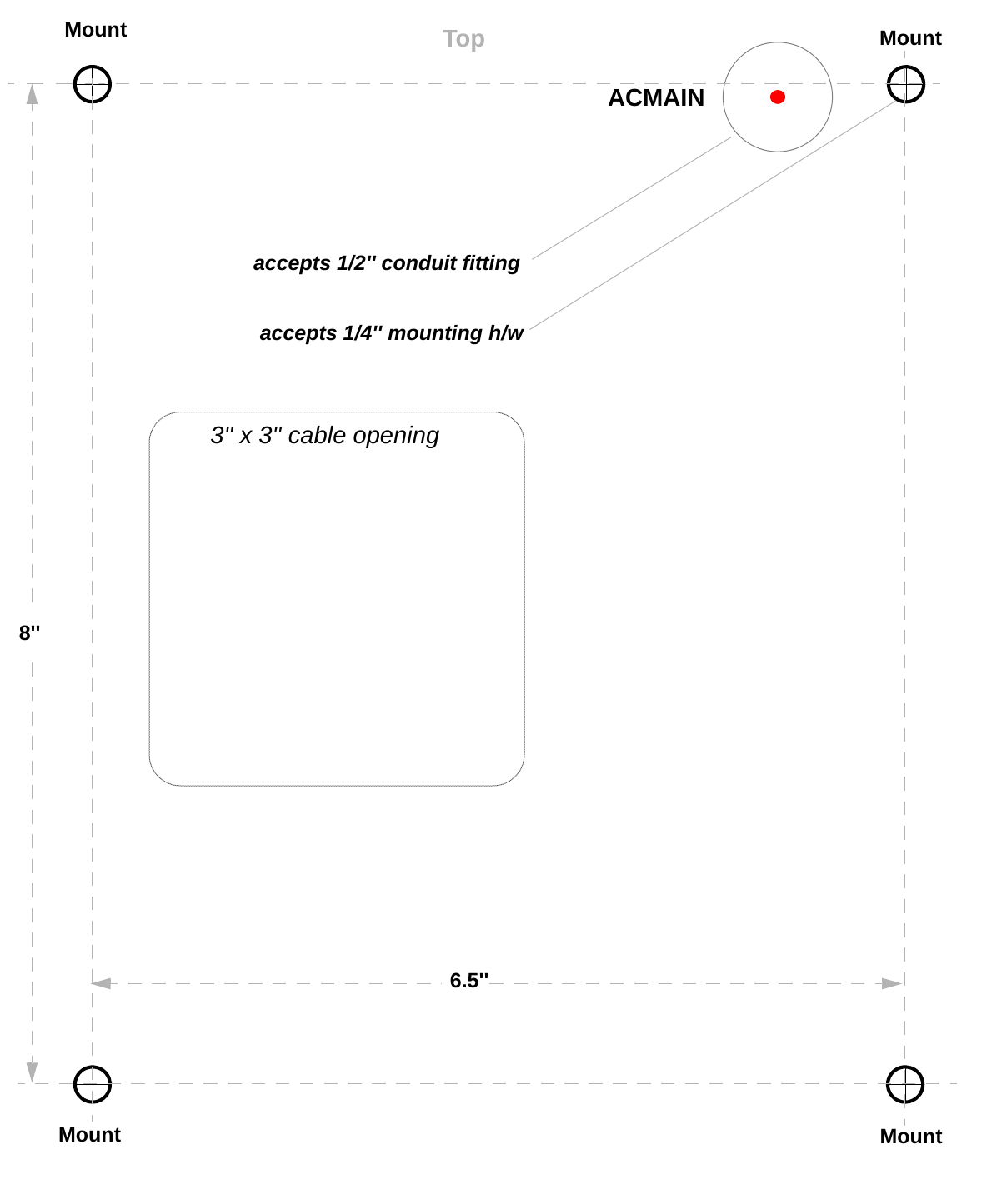 ACMAINMountMountMount MountLC3000Drill Template6.5&apos;&apos;8&apos;&apos;accepts 1/4&apos;&apos; mounting h/w3&apos;&apos; x 3&apos;&apos; cable openingaccepts 1/2&apos;&apos; conduit fittingTop
