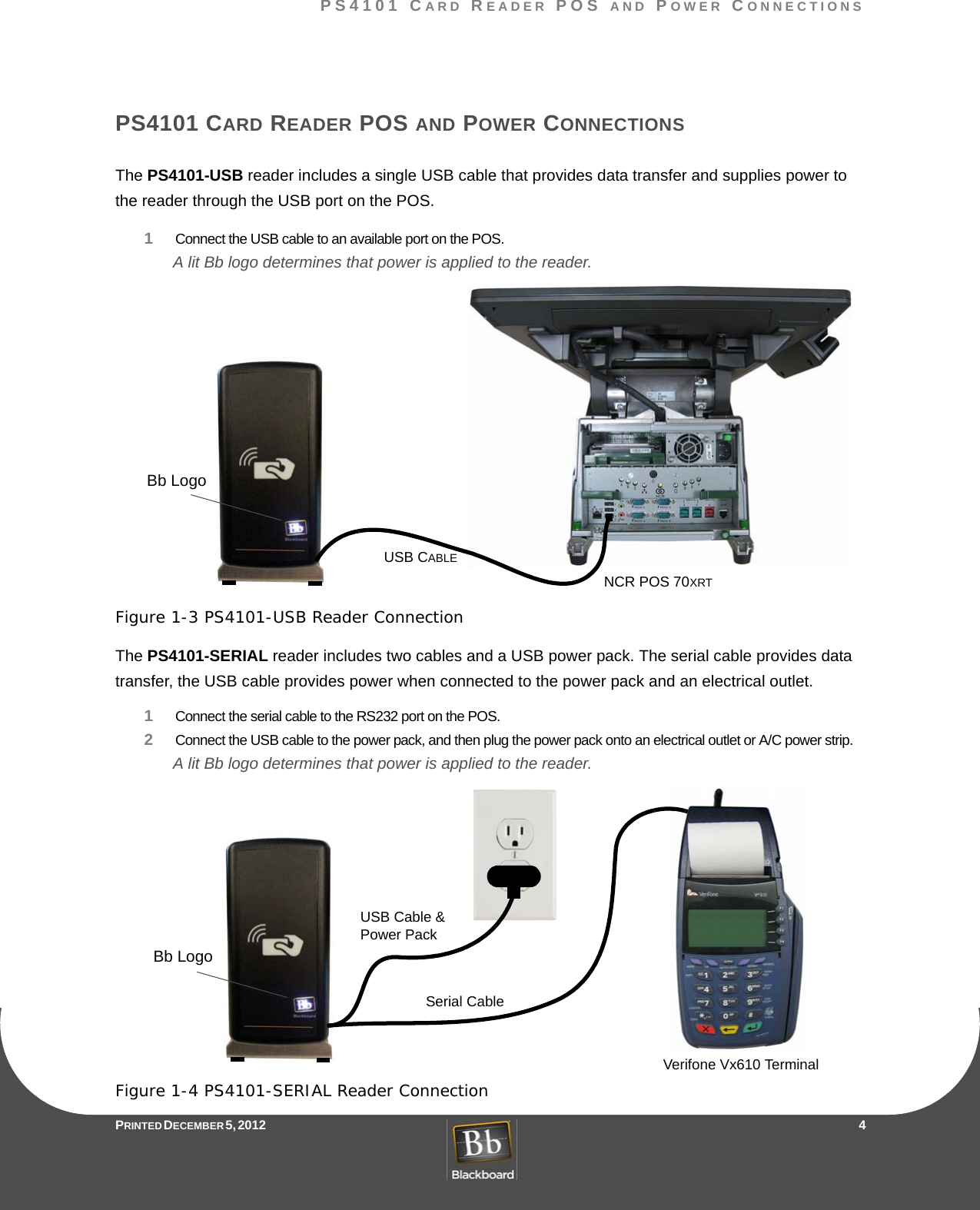 PS4101 CARD READER POS AND POWER CONNECTIONSPRINTED DECEMBER 5, 2012                   4PS4101 CARD READER POS AND POWER CONNECTIONSThe PS4101-USB reader includes a single USB cable that provides data transfer and supplies power to the reader through the USB port on the POS. 1     Connect the USB cable to an available port on the POS.A lit Bb logo determines that power is applied to the reader.Figure 1-3 PS4101-USB Reader ConnectionThe PS4101-SERIAL reader includes two cables and a USB power pack. The serial cable provides data transfer, the USB cable provides power when connected to the power pack and an electrical outlet.1     Connect the serial cable to the RS232 port on the POS.2     Connect the USB cable to the power pack, and then plug the power pack onto an electrical outlet or A/C power strip.A lit Bb logo determines that power is applied to the reader.Figure 1-4 PS4101-SERIAL Reader ConnectionNCR POS 70XRT USB CABLEBb LogoVerifone Vx610 TerminalUSB Cable &amp;Power PackSerial CableBb Logo