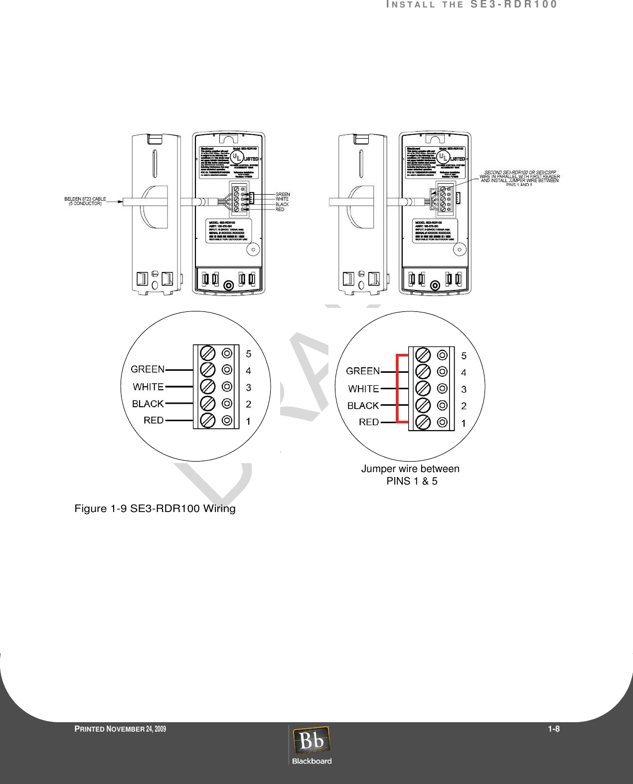 IN S T A L L T H E  S E 3 - R D R 1 0 0PRINTED NOVEMBER 24, 2009                 1-8Figure 1-9 SE3-RDR100 WiringJumper wire between PINS 1 &amp; 5