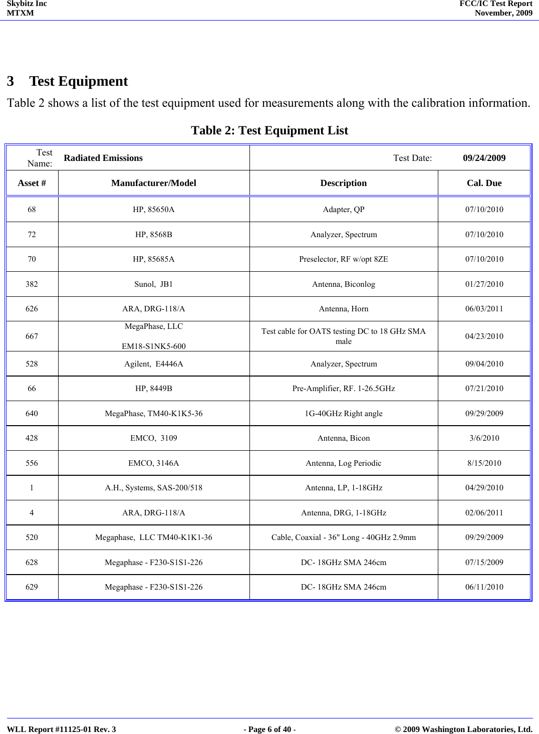 Skybitz Inc MTXM  FCC/IC Test Report November, 2009     WLL Report #11125-01 Rev. 3  - Page 6 of 40 -  © 2009 Washington Laboratories, Ltd.   3 Test Equipment Table 2 shows a list of the test equipment used for measurements along with the calibration information. Table 2: Test Equipment List   Test Name:  Radiated Emissions  Test Date:  09/24/2009 Asset #  Manufacturer/Model  Description  Cal. Due 68  HP, 85650A  Adapter, QP  07/10/2010 72  HP, 8568B  Analyzer, Spectrum  07/10/2010 70  HP, 85685A  Preselector, RF w/opt 8ZE  07/10/2010 382  Sunol,  JB1  Antenna, Biconlog  01/27/2010 626  ARA, DRG-118/A  Antenna, Horn  06/03/2011 667 MegaPhase, LLC  EM18-S1NK5-600 Test cable for OATS testing DC to 18 GHz SMA male  04/23/2010 528  Agilent,  E4446A  Analyzer, Spectrum  09/04/2010 66  HP, 8449B  Pre-Amplifier, RF. 1-26.5GHz  07/21/2010 640 MegaPhase, TM40-K1K5-36  1G-40GHz Right angle  09/29/2009 428  EMCO,  3109  Antenna, Bicon  3/6/2010 556  EMCO, 3146A  Antenna, Log Periodic  8/15/2010 1  A.H., Systems, SAS-200/518  Antenna, LP, 1-18GHz  04/29/2010 4  ARA, DRG-118/A  Antenna, DRG, 1-18GHz  02/06/2011 520  Megaphase,  LLC TM40-K1K1-36  Cable, Coaxial - 36&quot; Long - 40GHz 2.9mm  09/29/2009 628  Megaphase - F230-S1S1-226  DC- 18GHz SMA 246cm  07/15/2009 629  Megaphase - F230-S1S1-226  DC- 18GHz SMA 246cm  06/11/2010   