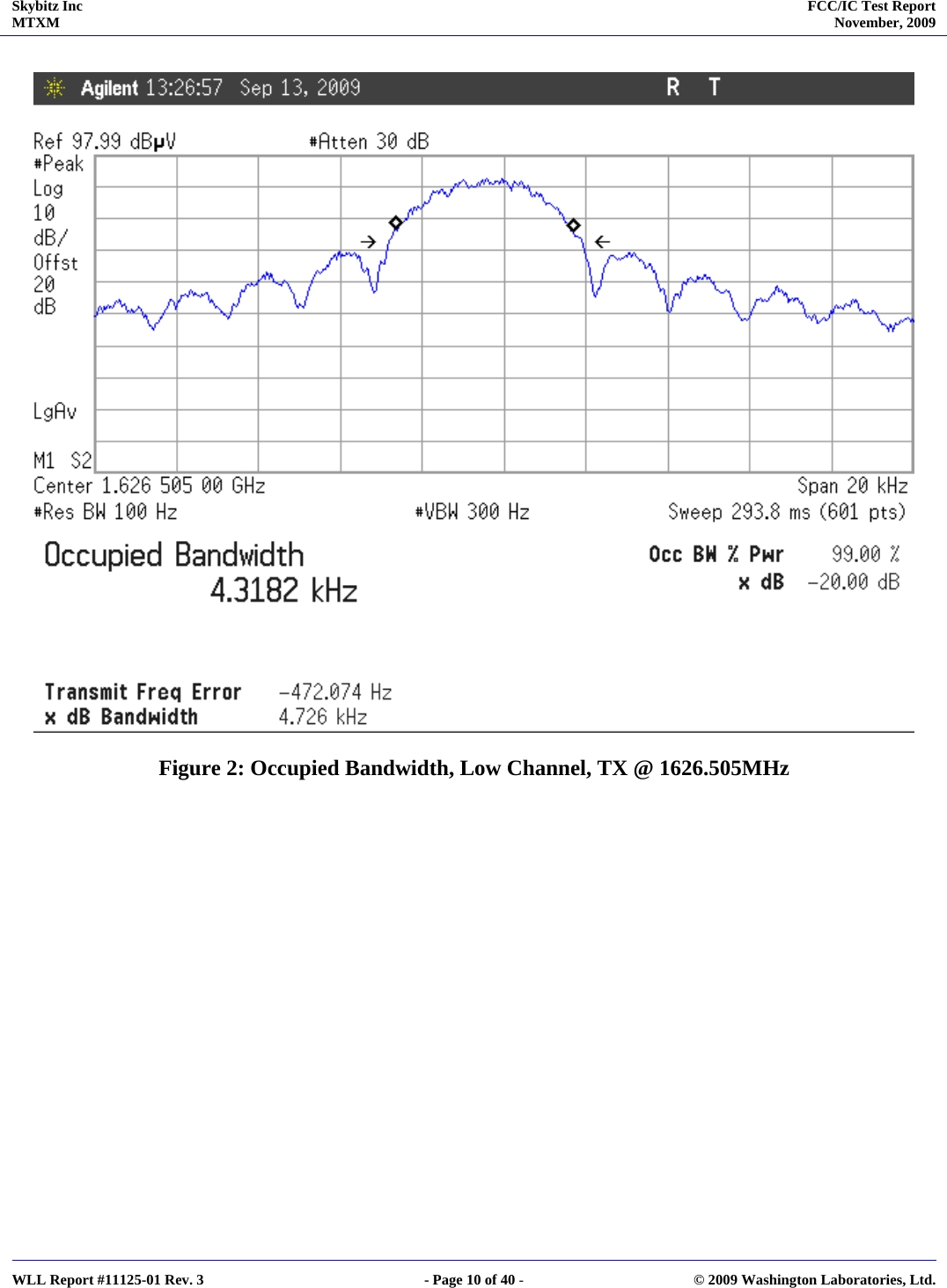 Skybitz Inc MTXM  FCC/IC Test Report November, 2009     WLL Report #11125-01 Rev. 3  - Page 10 of 40 -  © 2009 Washington Laboratories, Ltd.   Figure 2: Occupied Bandwidth, Low Channel, TX @ 1626.505MHz  