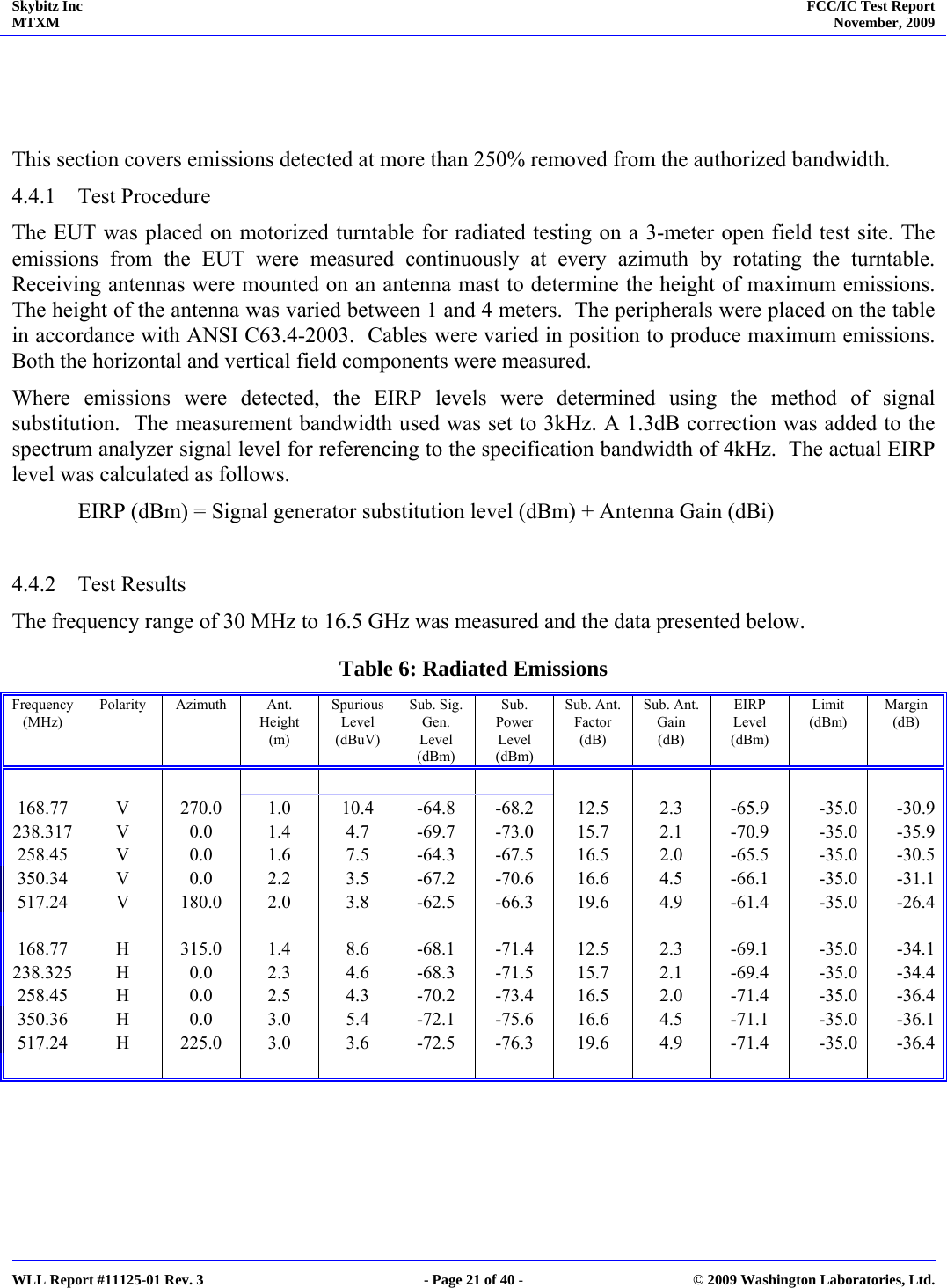 Skybitz Inc MTXM  FCC/IC Test Report November, 2009     WLL Report #11125-01 Rev. 3  - Page 21 of 40 -  © 2009 Washington Laboratories, Ltd.    This section covers emissions detected at more than 250% removed from the authorized bandwidth.  4.4.1 Test Procedure The EUT was placed on motorized turntable for radiated testing on a 3-meter open field test site. The emissions from the EUT were measured continuously at every azimuth by rotating the turntable.  Receiving antennas were mounted on an antenna mast to determine the height of maximum emissions.  The height of the antenna was varied between 1 and 4 meters.  The peripherals were placed on the table in accordance with ANSI C63.4-2003.  Cables were varied in position to produce maximum emissions.  Both the horizontal and vertical field components were measured. Where emissions were detected, the EIRP levels were determined using the method of signal substitution.  The measurement bandwidth used was set to 3kHz. A 1.3dB correction was added to the spectrum analyzer signal level for referencing to the specification bandwidth of 4kHz.  The actual EIRP level was calculated as follows.   EIRP (dBm) = Signal generator substitution level (dBm) + Antenna Gain (dBi)  4.4.2 Test Results The frequency range of 30 MHz to 16.5 GHz was measured and the data presented below. Table 6: Radiated Emissions Frequency (MHz) Polarity Azimuth  Ant. Height (m) Spurious Level (dBuV) Sub. Sig. Gen. Level (dBm) Sub. Power Level    (dBm) Sub. Ant. Factor   (dB) Sub. Ant. Gain   (dB) EIRP Level (dBm) Limit (dBm) Margin (dB)                                    168.77  V  270.0  1.0  10.4 -64.8 -68.2 12.5  2.3  -65.9  -35.0 -30.9238.317 V  0.0  1.4  4.7  -69.7 -73.0 15.7  2.1  -70.9  -35.0 -35.9258.45 V  0.0  1.6  7.5 -64.3 -67.5 16.5  2.0 -65.5 -35.0 -30.5350.34 V  0.0  2.2  3.5 -67.2 -70.6 16.6  4.5 -66.1 -35.0 -31.1517.24 V  180.0 2.0  3.8 -62.5 -66.3 19.6  4.9 -61.4 -35.0 -26.4                                   168.77 H  315.0 1.4  8.6 -68.1 -71.4 12.5  2.3 -69.1 -35.0 -34.1238.325 H  0.0  2.3  4.6  -68.3 -71.5 15.7  2.1  -69.4  -35.0 -34.4258.45 H  0.0  2.5  4.3 -70.2 -73.4 16.5  2.0 -71.4 -35.0 -36.4350.36 H  0.0  3.0  5.4 -72.1 -75.6 16.6  4.5 -71.1 -35.0 -36.1517.24 H  225.0 3.0  3.6 -72.5 -76.3 19.6  4.9 -71.4 -35.0 -36.4                                      