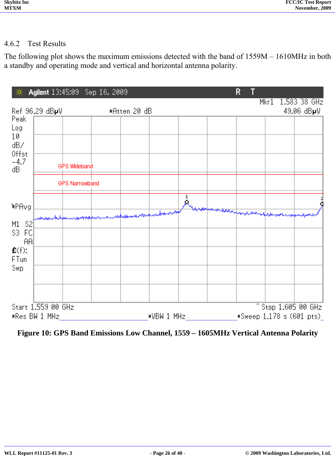 Skybitz Inc MTXM  FCC/IC Test Report November, 2009     WLL Report #11125-01 Rev. 3  - Page 26 of 40 -  © 2009 Washington Laboratories, Ltd.   4.6.2 Test Results The following plot shows the maximum emissions detected with the band of 1559M – 1610MHz in both a standby and operating mode and vertical and horizontal antenna polarity.   Figure 10: GPS Band Emissions Low Channel, 1559 – 1605MHz Vertical Antenna Polarity  