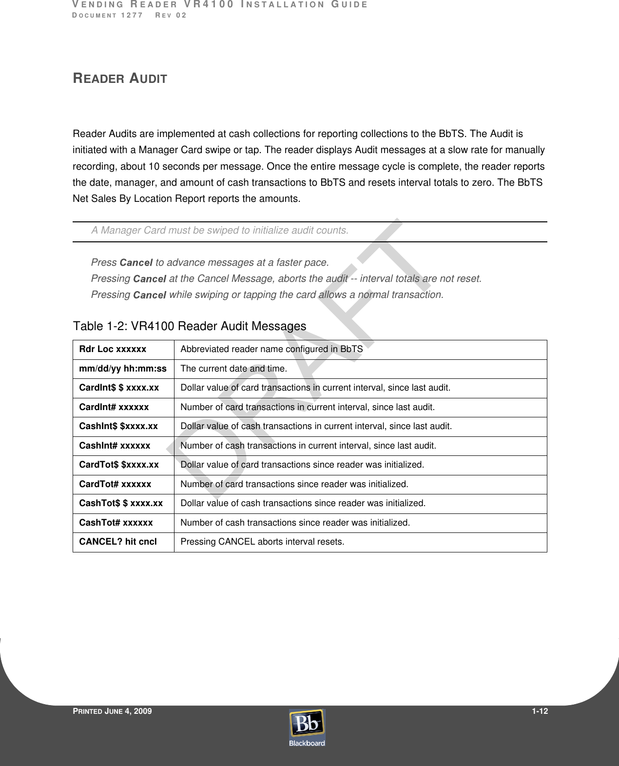 VE N D I N G  RE A D E R  V R 4 1 0 0  I N S T A L L A T I O N  GU I D EDO C U M E N T  1 2 7 7    R E V  0 2PRINTED JUNE 4, 20091-12READER AUDITReader Audits are implemented at cash collections for reporting collections to the BbTS. The Audit is initiated with a Manager Card swipe or tap. The reader displays Audit messages at a slow rate for manually recording, about 10 seconds per message. Once the entire message cycle is complete, the reader reports the date, manager, and amount of cash transactions to BbTS and resets interval totals to zero. The BbTS Net Sales By Location Report reports the amounts.A Manager Card must be swiped to initialize audit counts.Press to advance messages at a faster pace.Pressing  at the Cancel Message, aborts the audit -- interval totals are not reset. Pressing   while swiping or tapping the card allows a normal transaction.Table 1-2: VR4100 Reader Audit MessagesRdr Loc xxxxxxAbbreviated reader name configured in BbTSmm/dd/yy hh:mm:ss The current date and time.CardInt$ $ xxxx.xxDollar value of card transactions in current interval, since last audit.CardInt# xxxxxxNumber of card transactions in current interval, since last audit.CashInt$ $xxxx.xxDollar value of cash transactions in current interval, since last audit.CashInt# xxxxxx Number of cash transactions in current interval, since last audit.CardTot$ $xxxx.xxDollar value of card transactions since reader was initialized.CardTot# xxxxxxNumber of card transactions since reader was initialized.CashTot$ $ xxxx.xxDollar value of cash transactions since reader was initialized.CashTot# xxxxxxNumber of cash transactions since reader was initialized.CANCEL? hit cnclPressing CANCEL aborts interval resets.