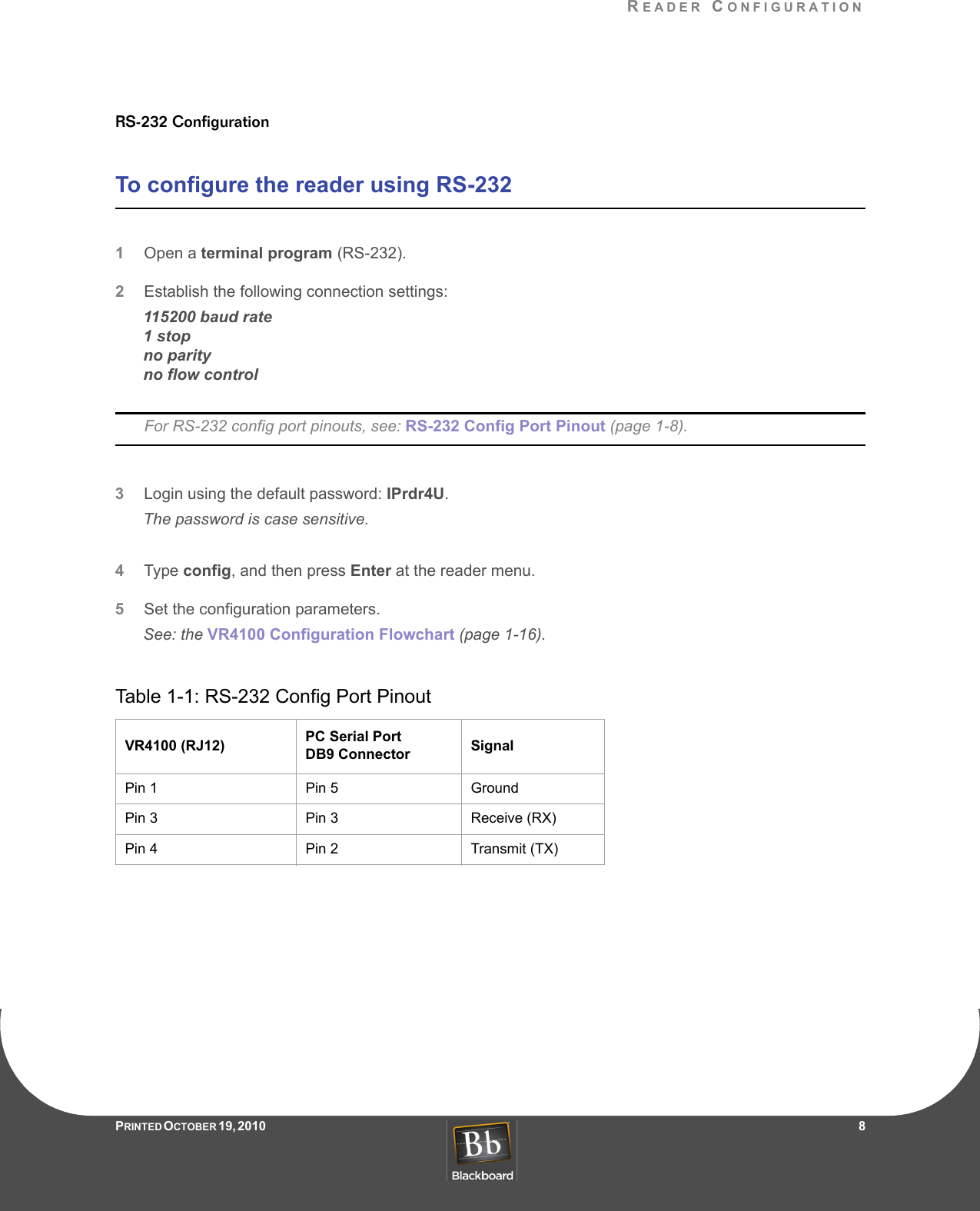 READER CONFIGURATIONPRINTED O CTOBER 19, 2010                   8RS-232 ConfigurationTo configure the reader using RS-2321Open a terminal program (RS-232).2Establish the following connection settings:115200 baud rate1 stopno parityno flow control For RS-232 config port pinouts, see: RS-232 Config Port Pinout (page 1-8).3Login using the default password: IPrdr4U.The password is case sensitive.4Type config, and then press Enter at the reader menu.5Set the configuration parameters.See: the VR4100 Configuration Flowchart (page 1-16).Table 1-1: RS-232 Config Port PinoutVR4100 (RJ12) PC Serial PortDB9 Connector SignalPin 1 Pin 5 GroundPin 3 Pin 3 Receive (RX)Pin 4 Pin 2 Transmit (TX)