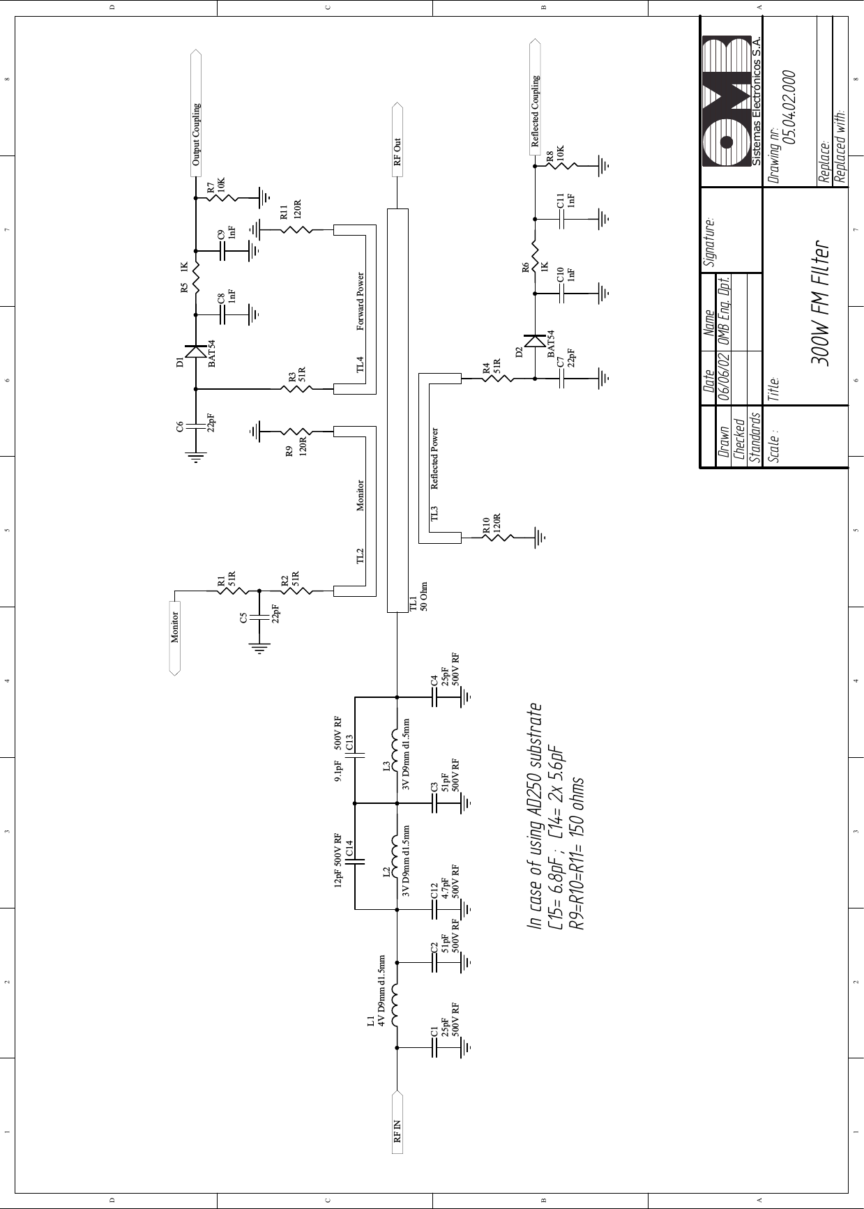 06/06/02  OMB Eng. Dpt. 05.04.02.000300W FM FIlter1 2 3 4 5 6 78ABCD87654321DCBADrawnCheckedStandardsDate Name Signature:Scale :Title: Drawing nr:Replace:Replaced with:Sistemas Electrónicos S.A.RF INL33V D9mm d1.5mmL23V D9mm d1.5mmL14V D9mm d1.5mmTL150 OhmTL4 Forward Power TL2 MonitorTL3 Reflected PowerRF OutOutput Coupling MonitorR11120RR351RR5 1KR710KR9120RR251RR151RR451RR61K R810KR10120RC81nFC91nFC101nFC111nFC722pFC522pFC622pFD2BAT54D1BAT54C251pF500V RFC125pF500V RFC351pF500V RFC425pF500V RFC124.7pF500V RFC1412pF 500V RFC139.1pF 500V RFReflected Coupling In case of using AD250 substrate C15= 6.8pF ;C14= 2x 5.6pFR9=R10=R11=150 ohms