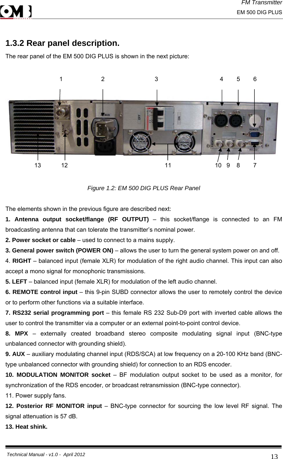 FM Transmitter                                                                                                                                                     EM 500 DIG PLUS     Technical Manual - v1.0 -  April 2012                                        13 1.3.2 Rear panel description. The rear panel of the EM 500 DIG PLUS is shown in the next picture:       Figure 1.2: EM 500 DIG PLUS Rear Panel  The elements shown in the previous figure are described next: 1. Antenna output socket/flange (RF OUTPUT) – this socket/flange is connected to an FM broadcasting antenna that can tolerate the transmitter’s nominal power. 2. Power socket or cable – used to connect to a mains supply. 3. General power switch (POWER ON) – allows the user to turn the general system power on and off. 4. RIGHT – balanced input (female XLR) for modulation of the right audio channel. This input can also accept a mono signal for monophonic transmissions. 5. LEFT – balanced input (female XLR) for modulation of the left audio channel. 6. REMOTE control input – this 9-pin SUBD connector allows the user to remotely control the device or to perform other functions via a suitable interface. 7. RS232 serial programming port – this female RS 232 Sub-D9 port with inverted cable allows the user to control the transmitter via a computer or an external point-to-point control device. 8. MPX – externally created broadband stereo composite modulating signal input (BNC-type unbalanced connector with grounding shield). 9. AUX – auxiliary modulating channel input (RDS/SCA) at low frequency on a 20-100 KHz band (BNC-type unbalanced connector with grounding shield) for connection to an RDS encoder. 10. MODULATION MONITOR socket – BF modulation output socket to be used as a monitor, for synchronization of the RDS encoder, or broadcast retransmission (BNC-type connector). 11. Power supply fans. 12. Posterior RF MONITOR input – BNC-type connector for sourcing the low level RF signal. The signal attenuation is 57 dB. 13. Heat shink.      13            12                                                          11                          10   9    8        7                        1                       2                              3                                     4        5        6 