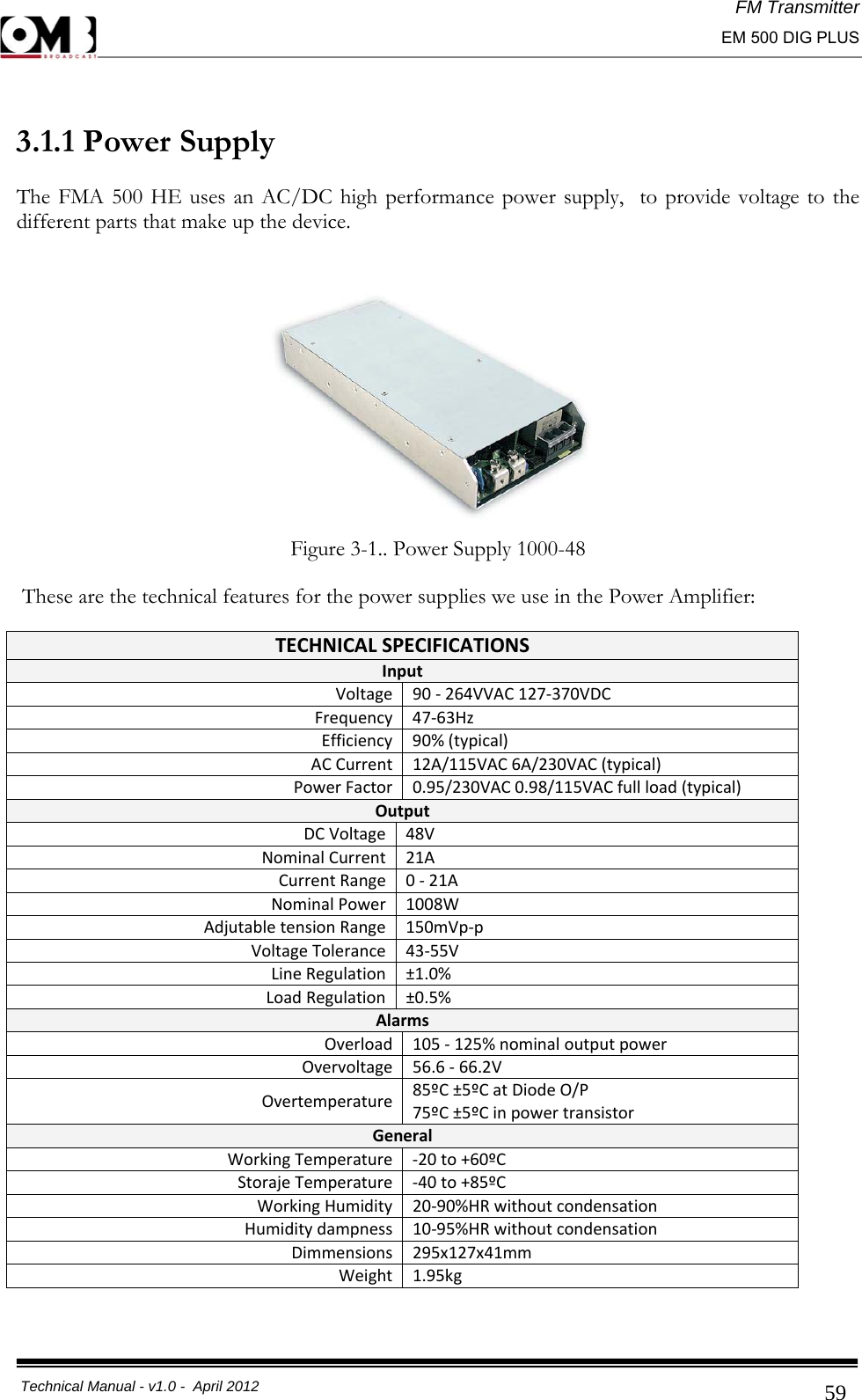 FM Transmitter                                                                                                                                                     EM 500 DIG PLUS     Technical Manual - v1.0 -  April 2012                                        59 3.1.1 Power Supply The FMA 500 HE uses an AC/DC high performance power supply,  to provide voltage to the different parts that make up the device. Figure 3-1.. Power Supply 1000-48  These are the technical features for the power supplies we use in the Power Amplifier: TECHNICALSPECIFICATIONSInputVoltage90‐264VVAC127‐370VDCFrequency47‐63HzEfficiency90%(typical)ACCurrent12A/115VAC6A/230VAC(typical)PowerFactor0.95/230VAC0.98/115VACfullload(typical)OutputDCVoltage48VNominalCurrent21ACurrentRange0‐21ANominalPower1008WAdjutabletensionRange150mVp‐pVoltageTolerance43‐55VLineRegulation±1.0%LoadRegulation±0.5%AlarmsOverload105‐125%nominaloutputpowerOvervoltage56.6‐66.2VOvertemperature85ºC±5ºCatDiodeO/P75ºC±5ºCinpowertransistorGeneralWorkingTemperature‐20to+60ºCStorajeTemperature‐40to+85ºCWorkingHumidity20‐90%HRwithoutcondensationHumiditydampness10‐95%HRwithoutcondensationDimmensions295x127x41mmWeight1.95kg  