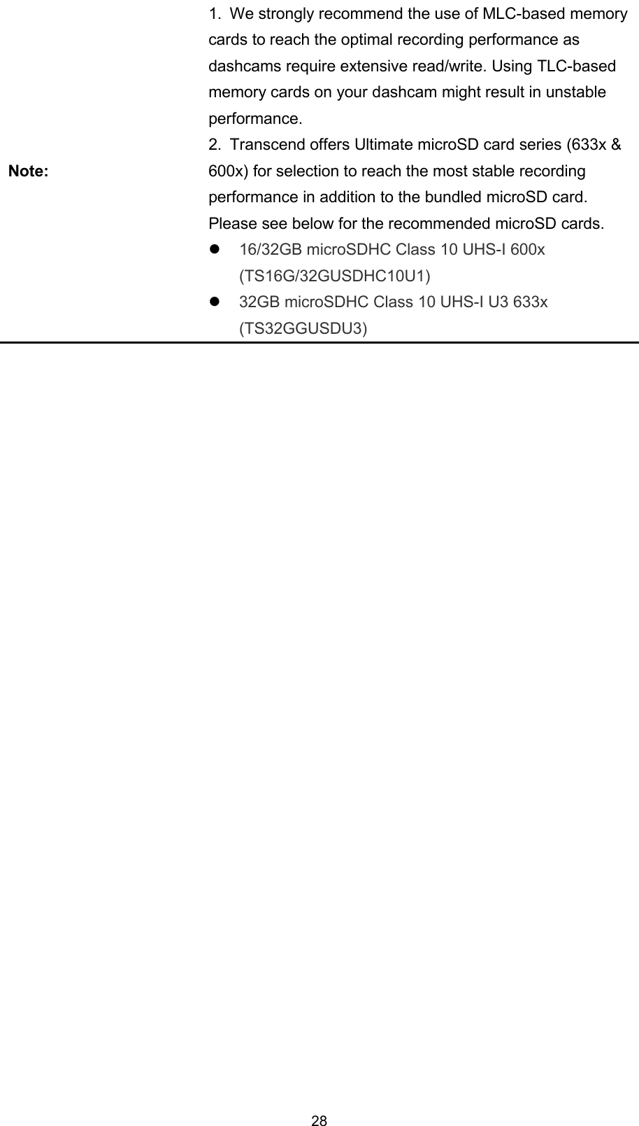 28Note:1. We strongly recommend the use of MLC-based memorycards to reach the optimal recording performance asdashcams require extensive read/write. Using TLC-basedmemory cards on your dashcam might result in unstableperformance.2. Transcend offers Ultimate microSD card series (633x &amp;600x) for selection to reach the most stable recordingperformance in addition to the bundled microSD card.Please see below for the recommended microSD cards.16/32GB microSDHC Class 10 UHS-I 600x(TS16G/32GUSDHC10U1)32GB microSDHC Class 10 UHS-I U3 633x(TS32GGUSDU3)
