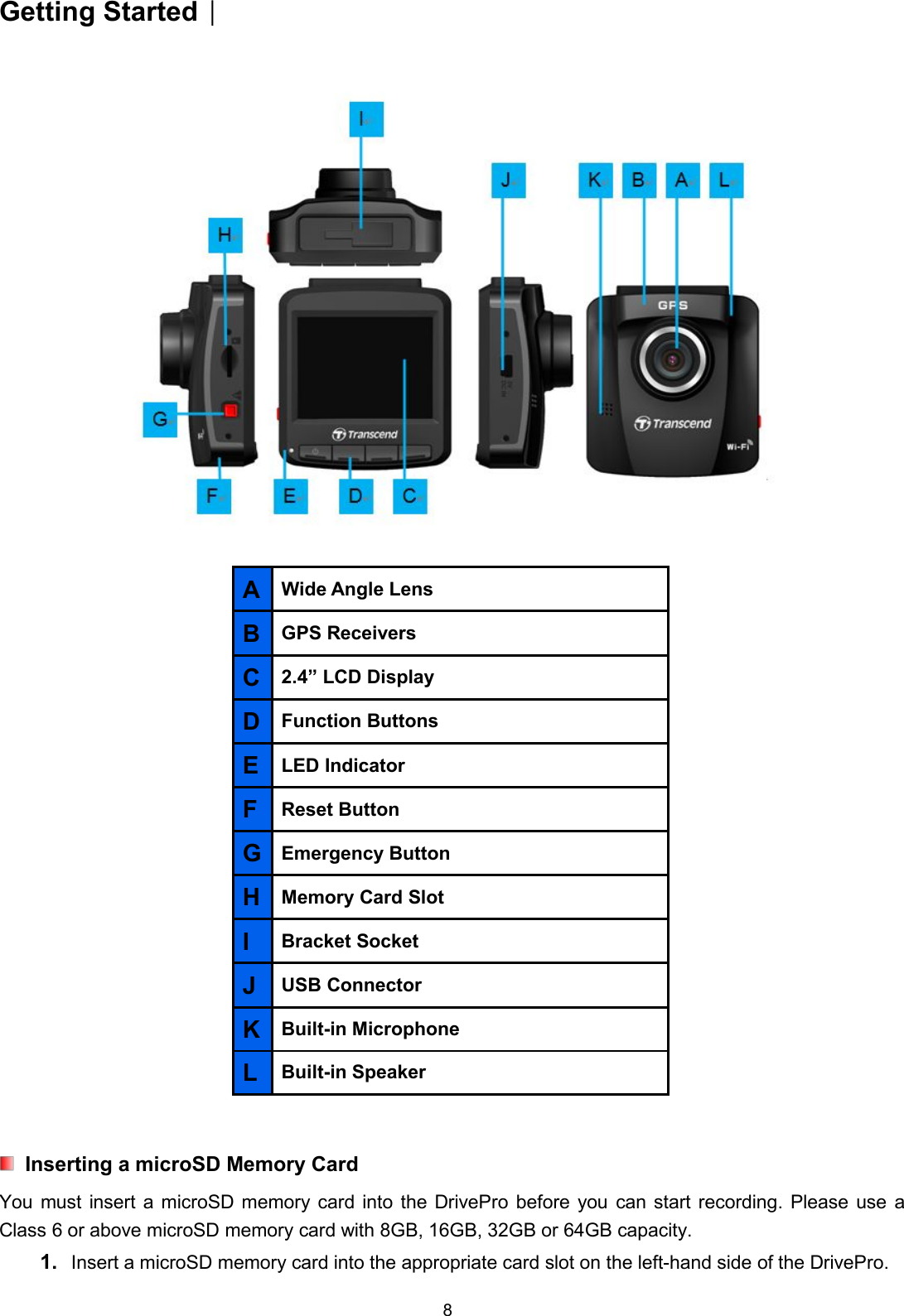 8Getting StartedAWide Angle LensBGPS ReceiversC2.4” LCD DisplayDFunction ButtonsELED IndicatorFReset ButtonGEmergency ButtonHMemory Card SlotIBracket SocketJUSB ConnectorKBuilt-in MicrophoneLBuilt-in SpeakerInserting a microSD Memory CardYou must insert a microSD memory card into the DrivePro before you can start recording. Please use aClass 6 or above microSD memory card with 8GB, 16GB, 32GB or 64GB capacity.1. Insert a microSD memory card into the appropriate card slot on the left-hand side of the DrivePro.