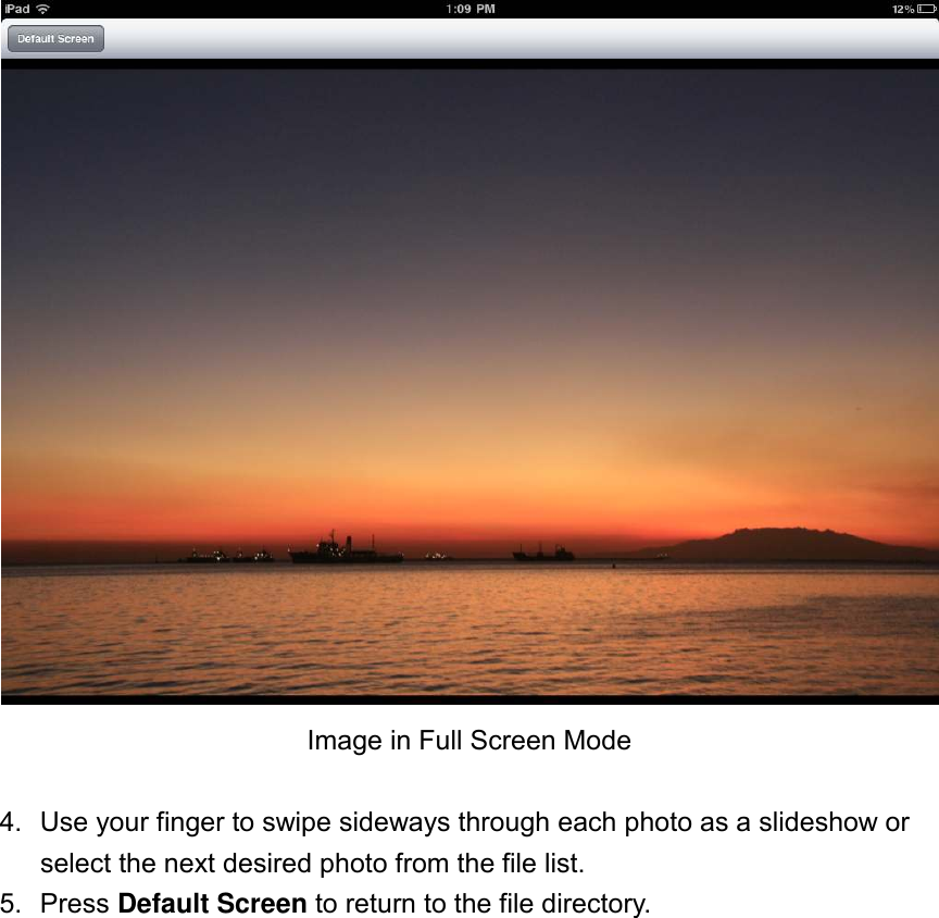  Image in Full Screen Mode  4.  Use your finger to swipe sideways through each photo as a slideshow or select the next desired photo from the file list. 5.  Press Default Screen to return to the file directory.  