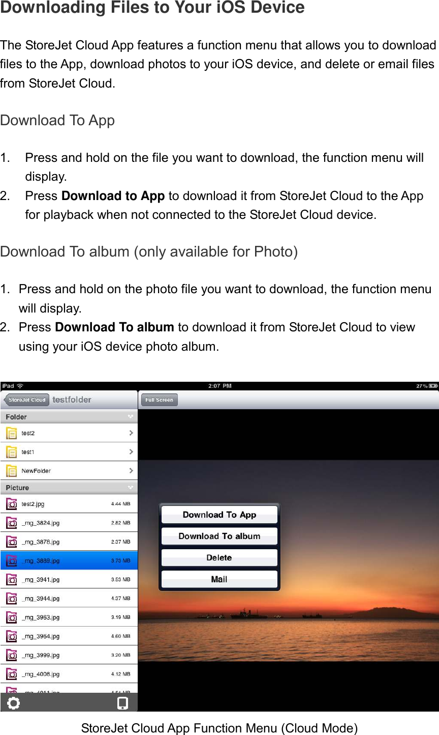 Downloading Files to Your iOS Device  The StoreJet Cloud App features a function menu that allows you to download files to the App, download photos to your iOS device, and delete or email files from StoreJet Cloud.    Download To App  1.  Press and hold on the file you want to download, the function menu will display. 2.  Press Download to App to download it from StoreJet Cloud to the App for playback when not connected to the StoreJet Cloud device.  Download To album (only available for Photo)  1.  Press and hold on the photo file you want to download, the function menu will display. 2.  Press Download To album to download it from StoreJet Cloud to view using your iOS device photo album.   StoreJet Cloud App Function Menu (Cloud Mode) 