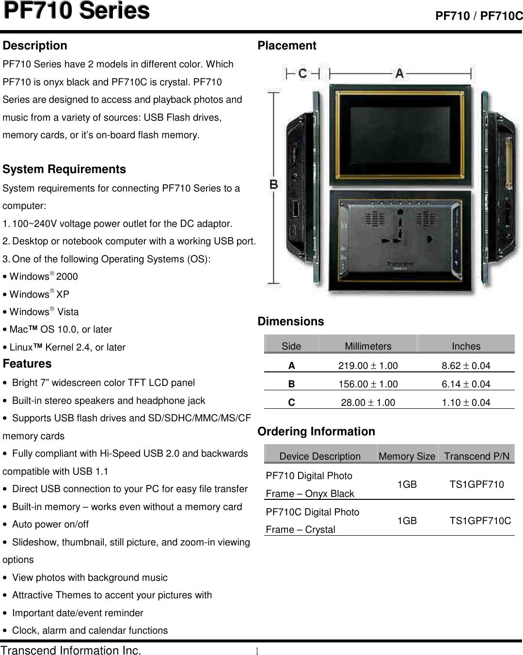 Page 1 of 2 - Transcend-Information Transcend-Information-Pf710-Users-Manual- PF710/710C Datasheet  Transcend-information-pf710-users-manual