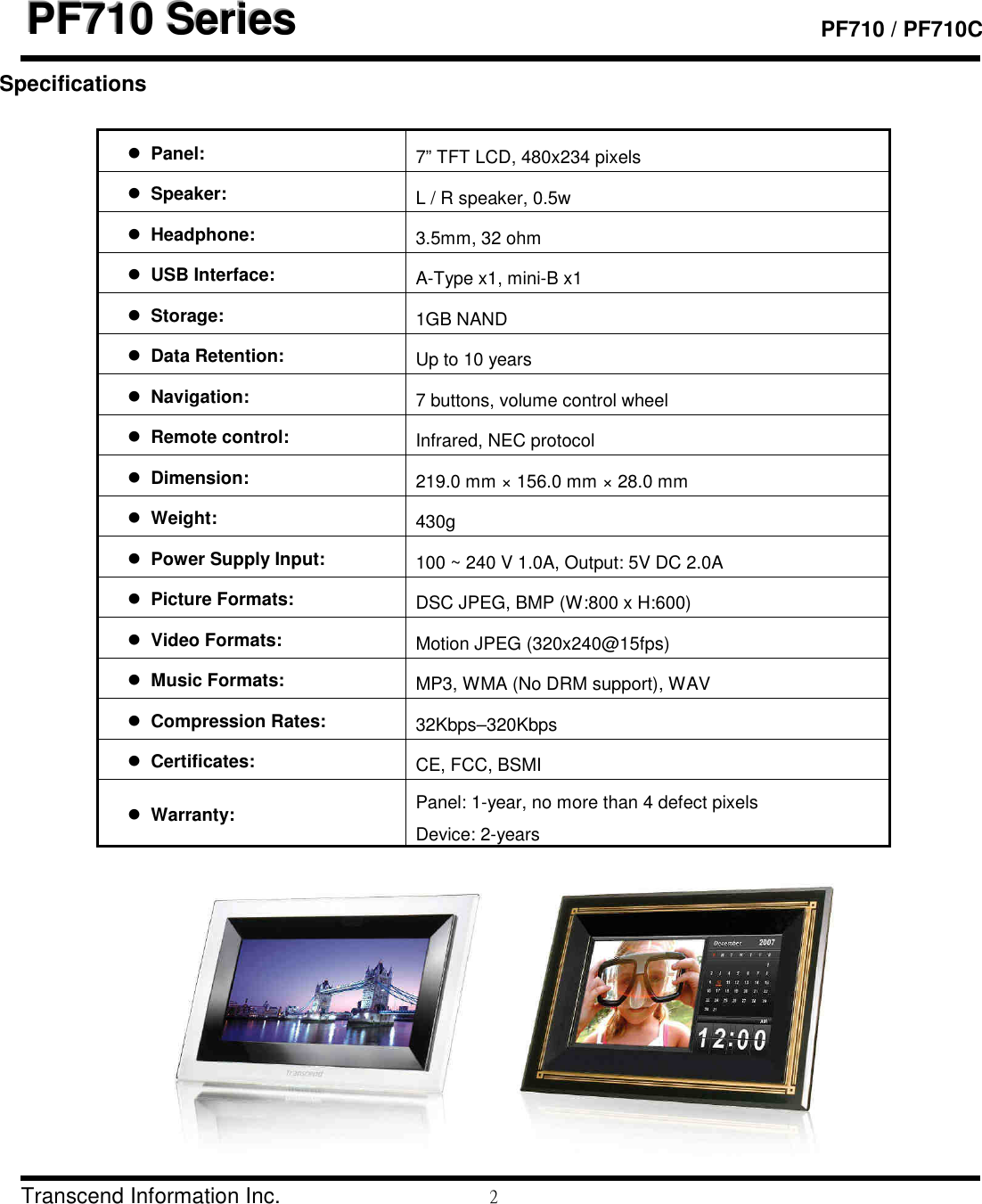 Page 2 of 2 - Transcend-Information Transcend-Information-Pf710-Users-Manual- PF710/710C Datasheet  Transcend-information-pf710-users-manual