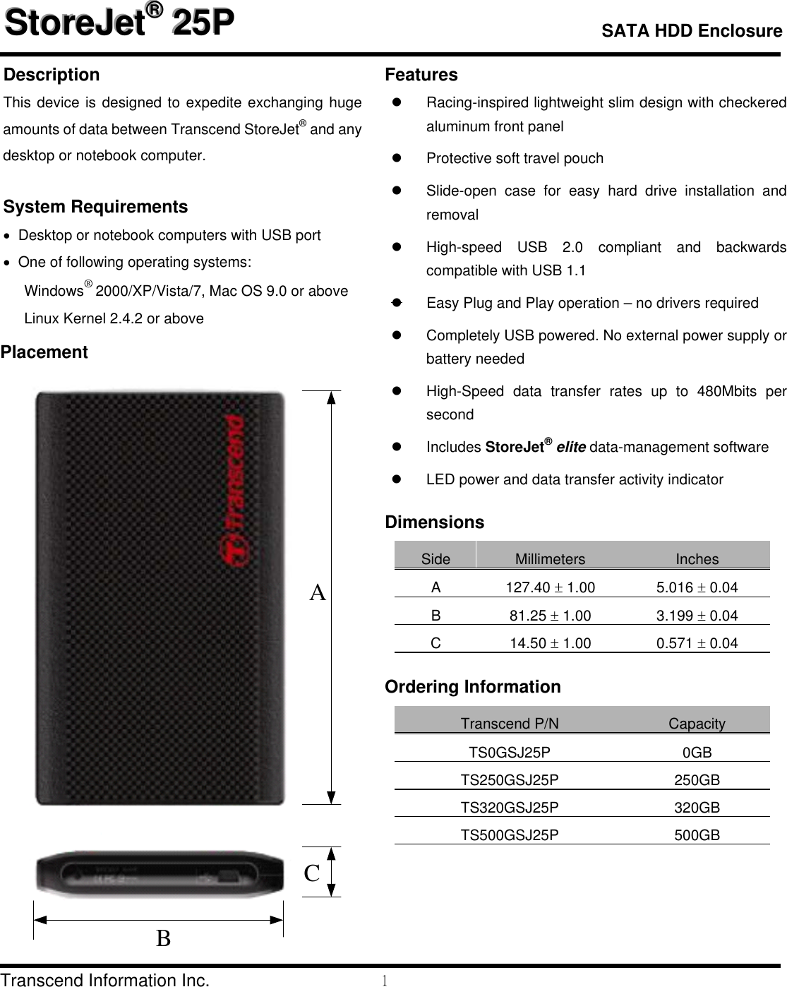 Page 1 of 3 - Transcend-Information Transcend-Information-Storejet-Ts0Gsj25P-Users-Manual- StoreJet 2.5 Datasheet.  Transcend-information-storejet-ts0gsj25p-users-manual