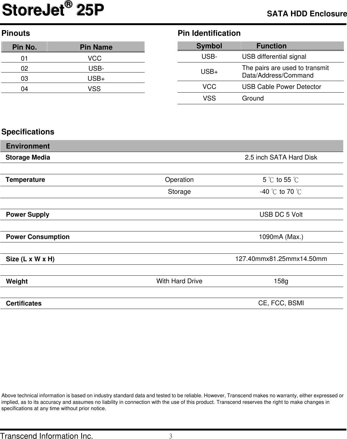 Page 3 of 3 - Transcend-Information Transcend-Information-Storejet-Ts0Gsj25P-Users-Manual- StoreJet 2.5 Datasheet.  Transcend-information-storejet-ts0gsj25p-users-manual