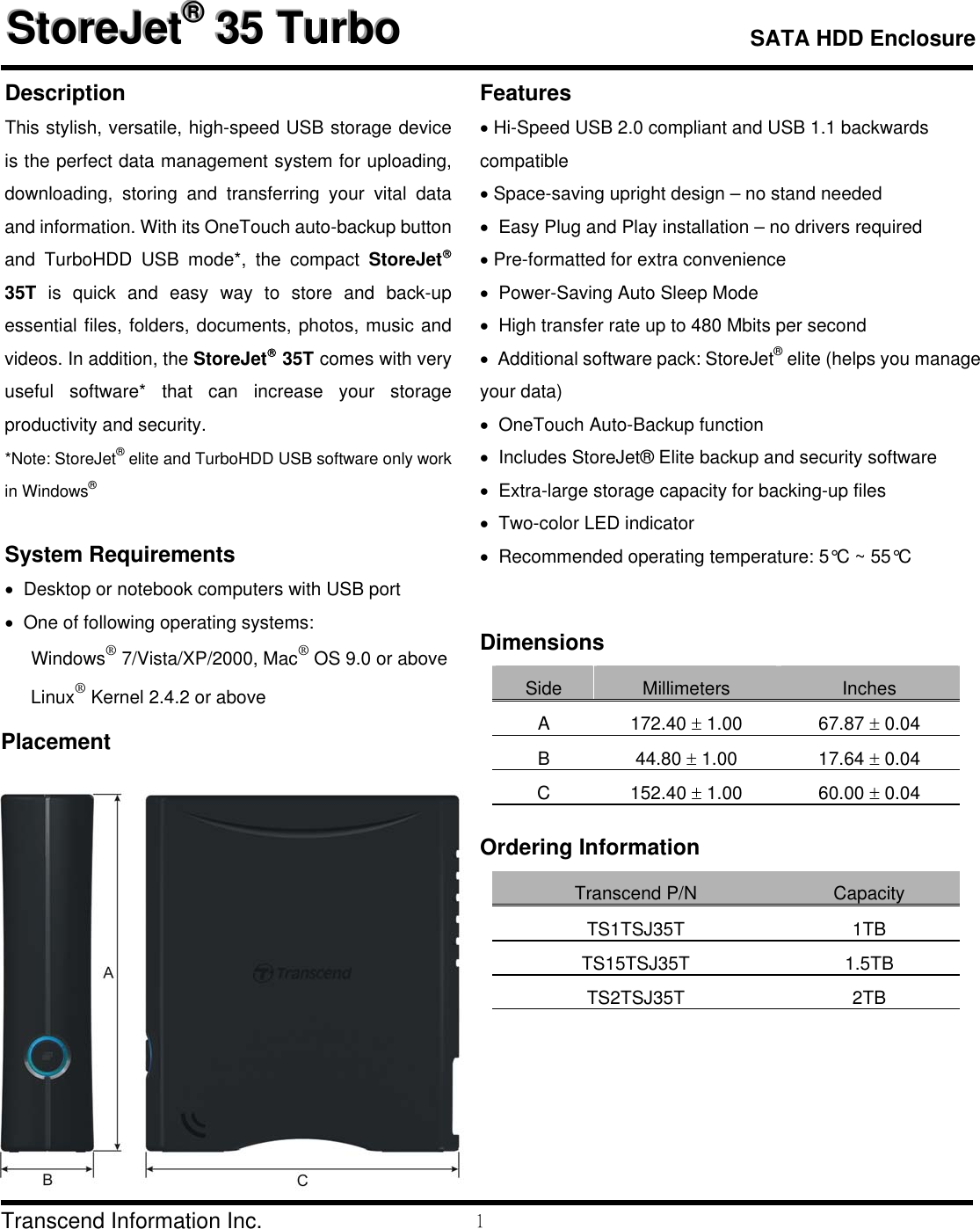 Page 1 of 3 - Transcend-Information Transcend-Information-Storejet-Ts15Tsj35T-Users-Manual- StoreJet 35T Datasheet.  Transcend-information-storejet-ts15tsj35t-users-manual