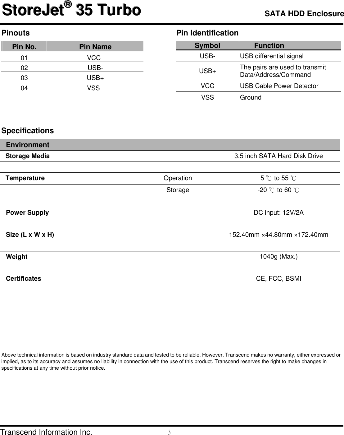 Page 3 of 3 - Transcend-Information Transcend-Information-Storejet-Ts15Tsj35T-Users-Manual- StoreJet 35T Datasheet.  Transcend-information-storejet-ts15tsj35t-users-manual