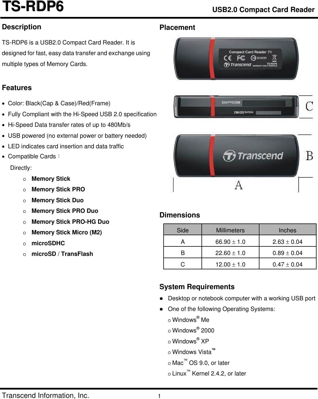 Page 1 of 3 - Transcend-Information Transcend-Information-Usb2-0-Compact-Card-Reader-Ts-Rdp6-Users-Manual- Datasheet  Transcend-information-usb2-0-compact-card-reader-ts-rdp6-users-manual