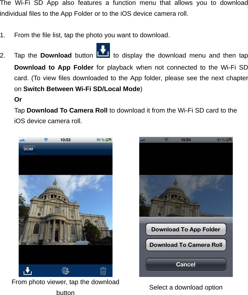 The Wi-Fi SD App also features a function menu that allows you to download individual files to the App Folder or to the iOS device camera roll.    1.  From the file list, tap the photo you want to download. 2. Tap the Download button   to display the download menu and then tap Download to App Folder for playback when not connected to the Wi-Fi SD card. (To view files downloaded to the App folder, please see the next chapter on Switch Between Wi-Fi SD/Local Mode) Or Tap Download To Camera Roll to download it from the Wi-Fi SD card to the iOS device camera roll.     From photo viewer, tap the download button  Select a download option   